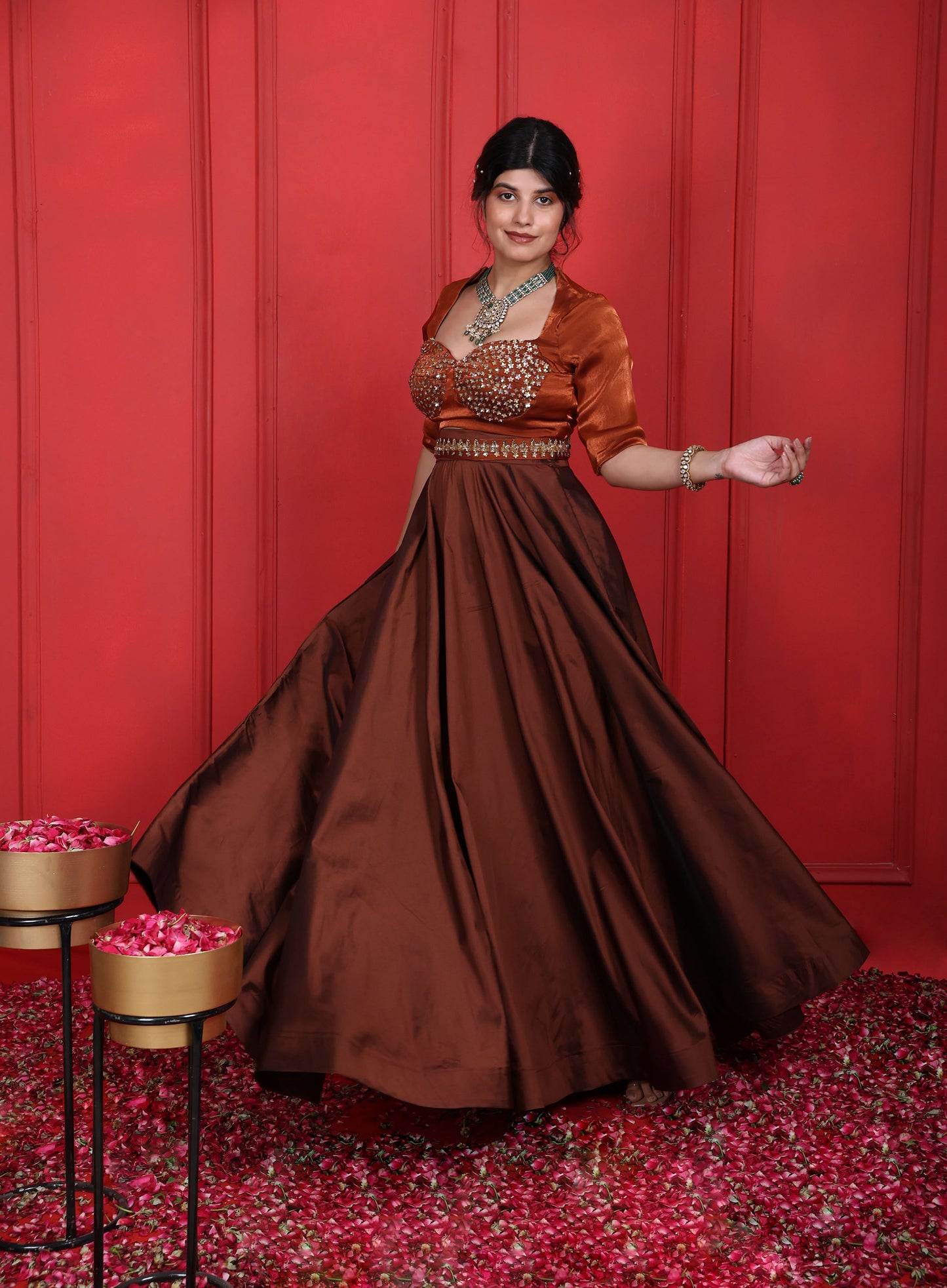 Rust Brown Hand Embroidered Choli With Long Skirt