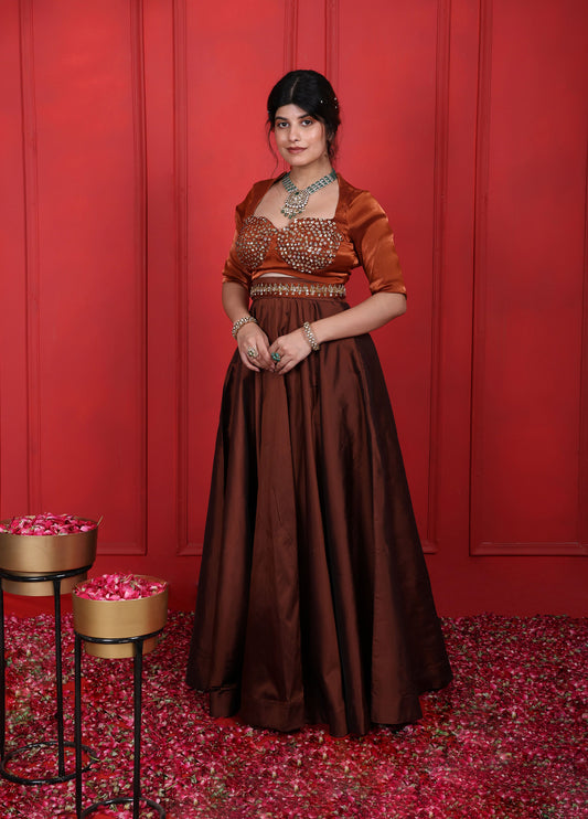 Rust Brown Hand Embroidered Choli With Long Skirt