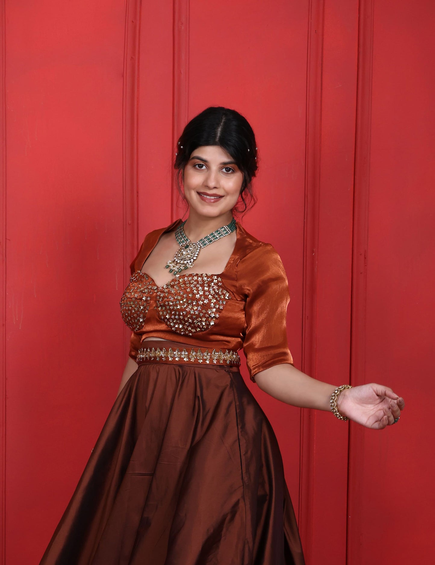 Rust Brown Hand Embroidered Choli With Long Skirt