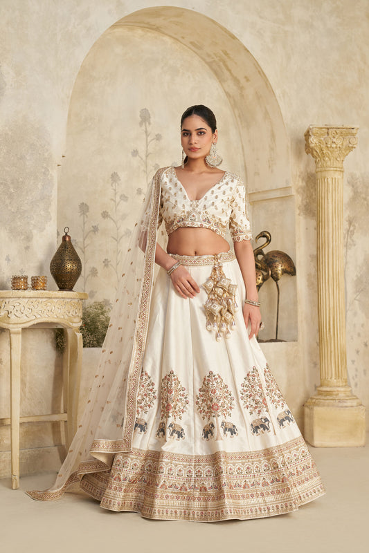 Cream Silk with Intricate Elephant Zari Work Bridesmaid Lehenga
