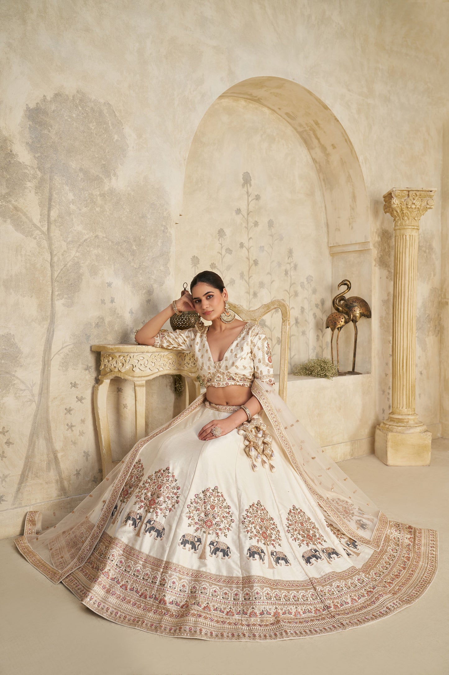 Cream Silk with Intricate Elephant Zari Work Bridesmaid Lehenga