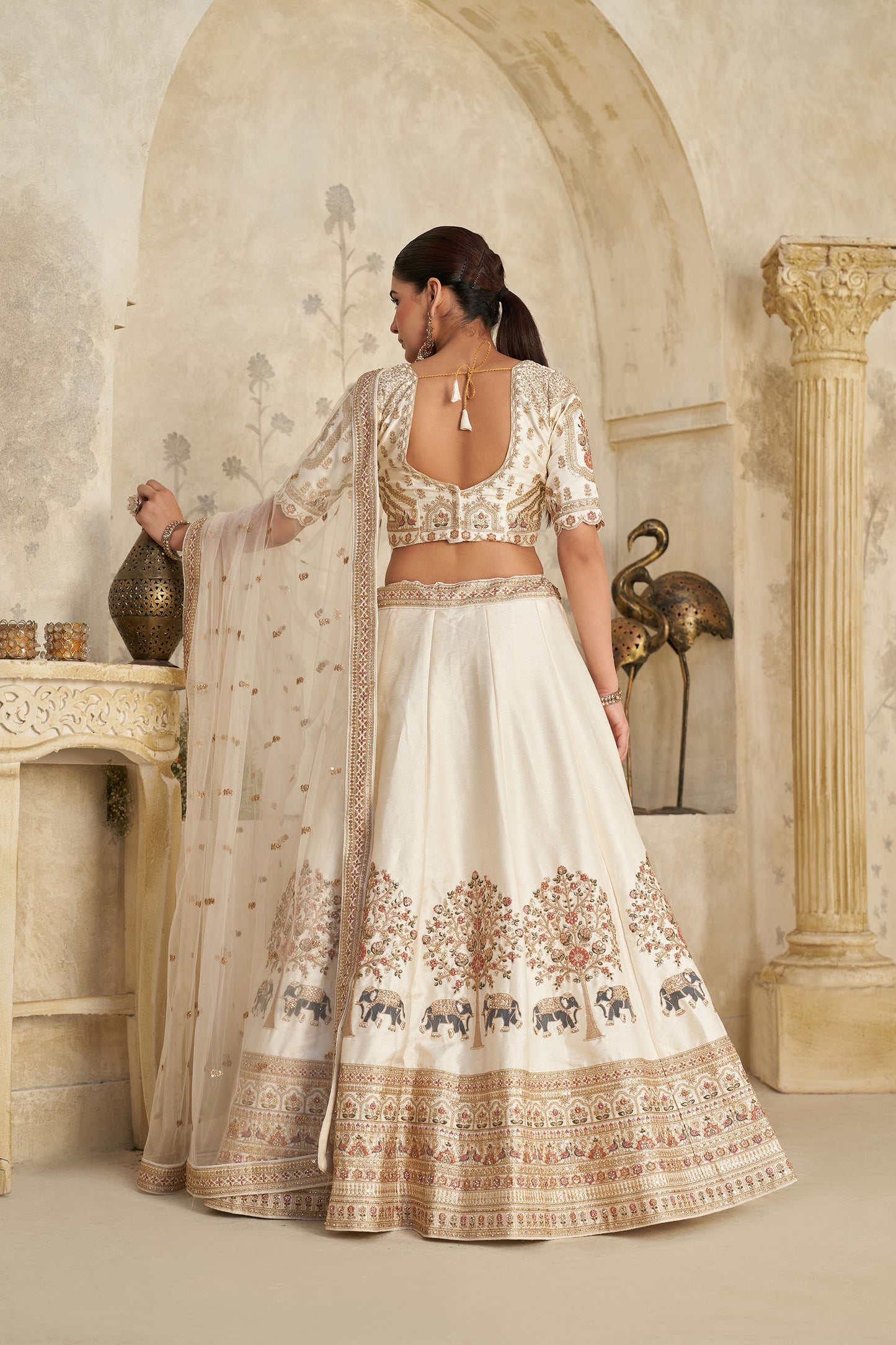 Cream Silk with Intricate Elephant Zari Work Bridesmaid Lehenga