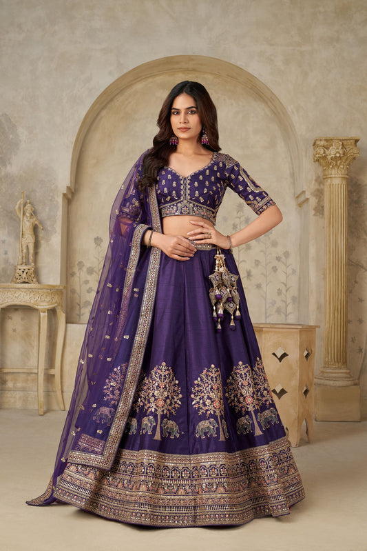 Purple Silk with Elephant Motifs & Zari Embroidered Bridesmaid Lehenga
