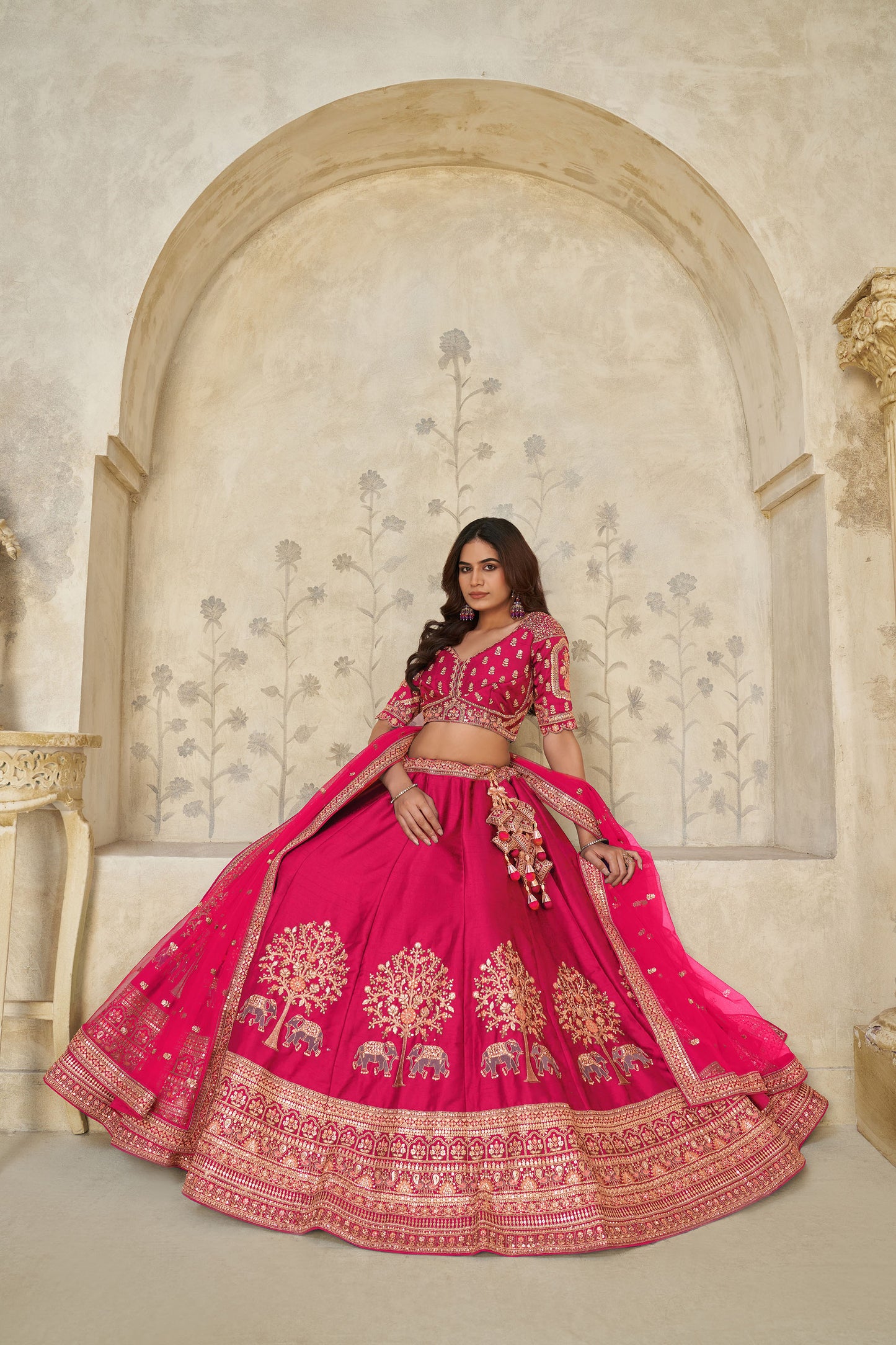 Rani Pink Silk with Elephant Motifs & Zari Embroidered Bridal Lehenga