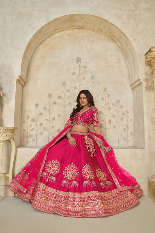 Rani Pink Silk with Elephant Motifs & Zari Embroidered Bridal Lehenga