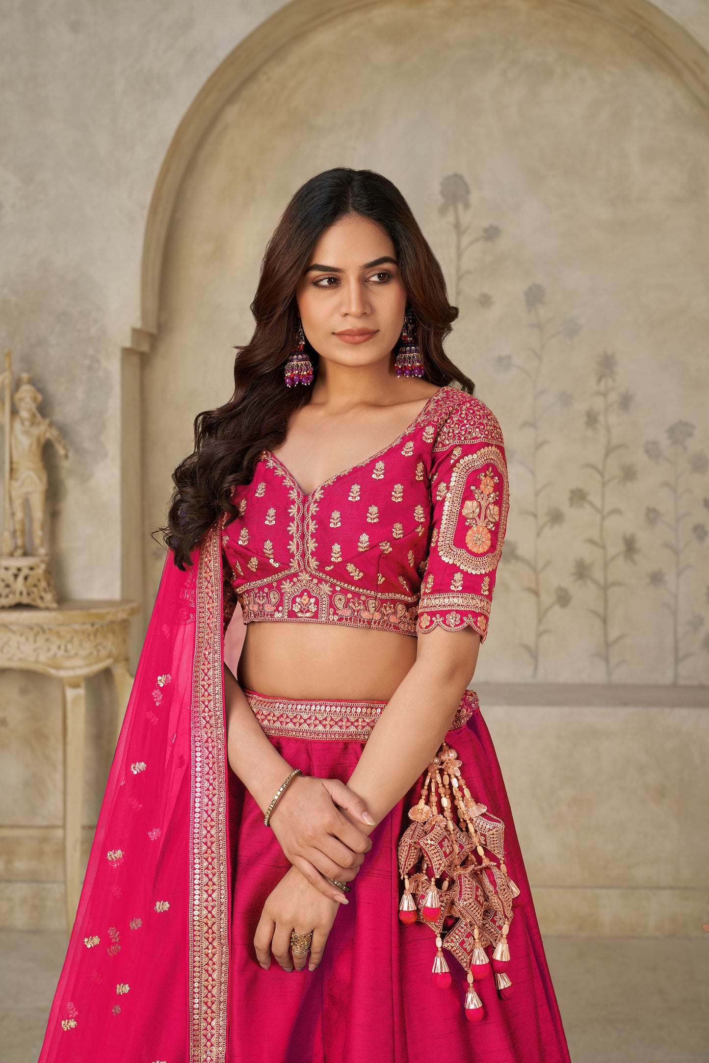 Rani Pink Silk with Elephant Motifs & Zari Embroidered Bridal Lehenga
