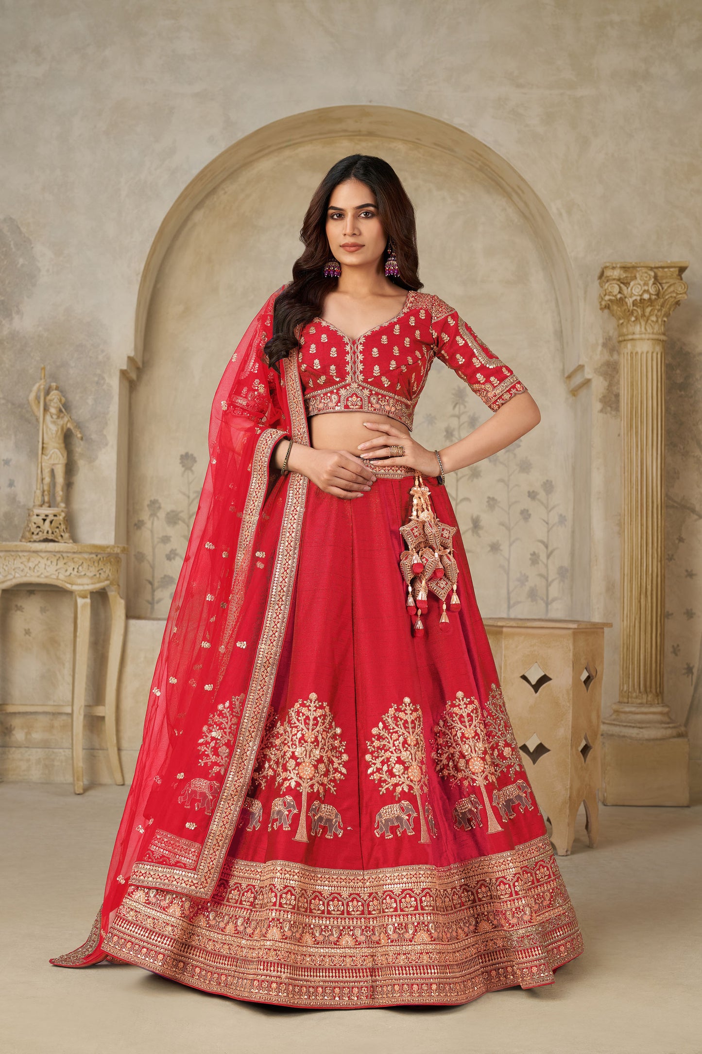 Red Silk with Elephant Motifs & Zari Embroidered Bridal Lehenga