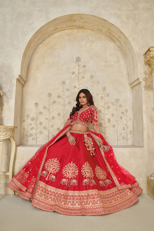 Red Silk with Elephant Motifs & Zari Embroidered Bridal Lehenga