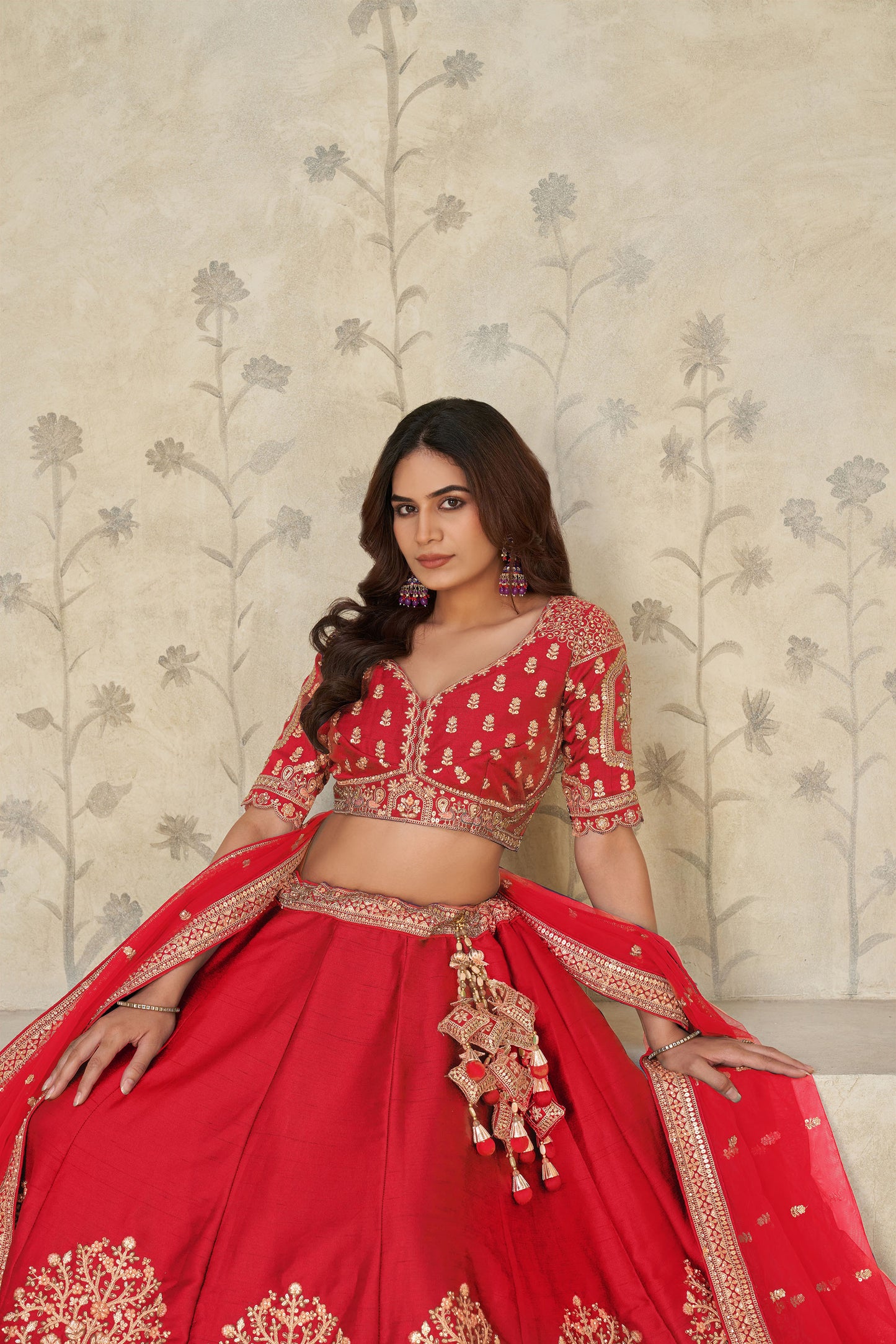 Red Silk with Elephant Motifs & Zari Embroidered Bridal Lehenga