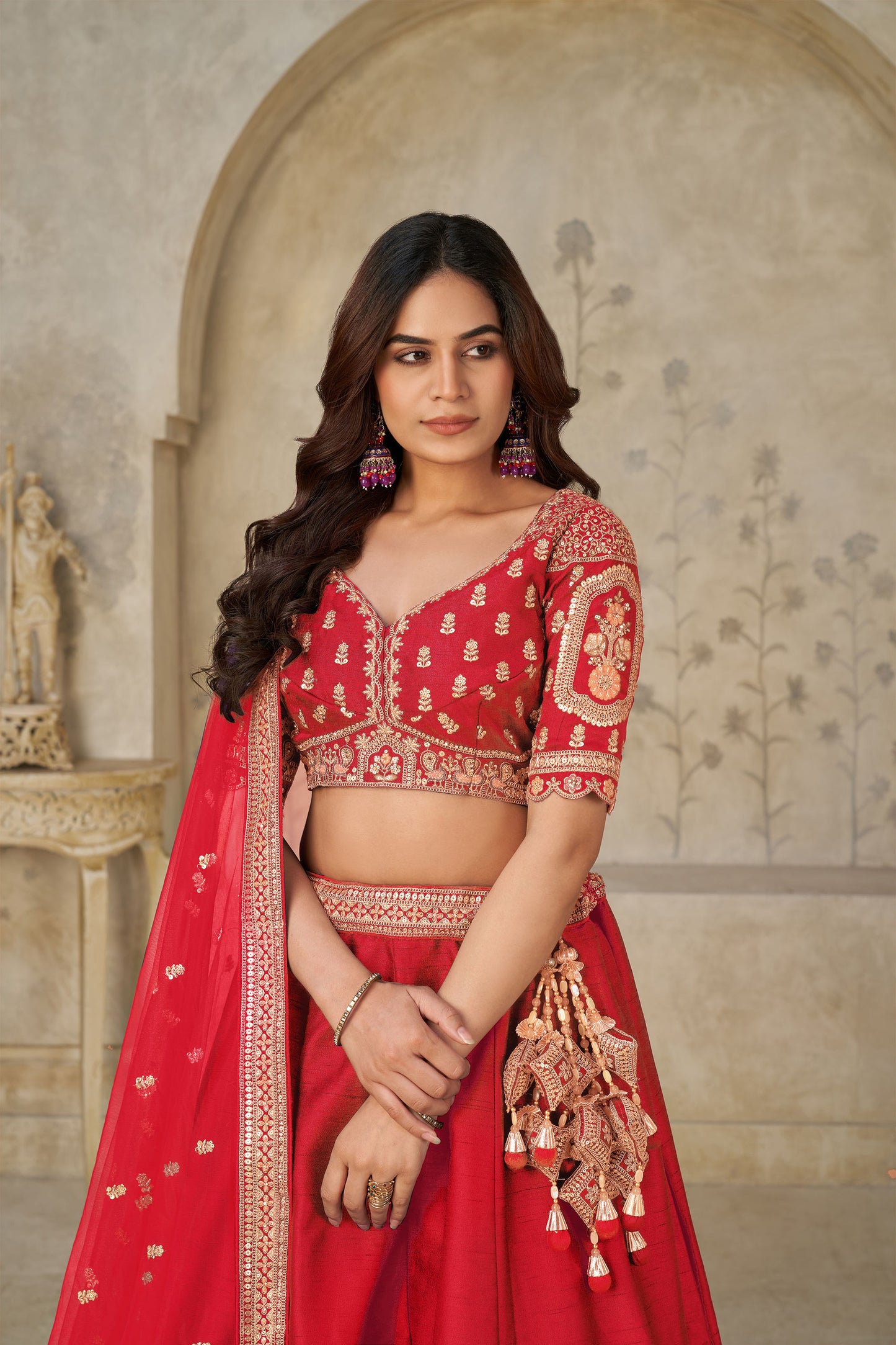 Red Silk with Elephant Motifs & Zari Embroidered Bridal Lehenga