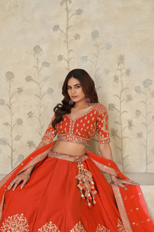 Rust Orange Silk Wedding Lehenga with Leaf Embroidery  & Peacock Motifs