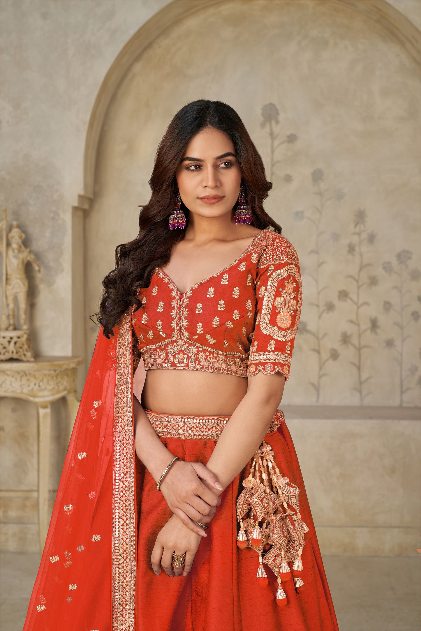 Rust Orange Silk Wedding Lehenga with Leaf Embroidery  & Peacock Motifs