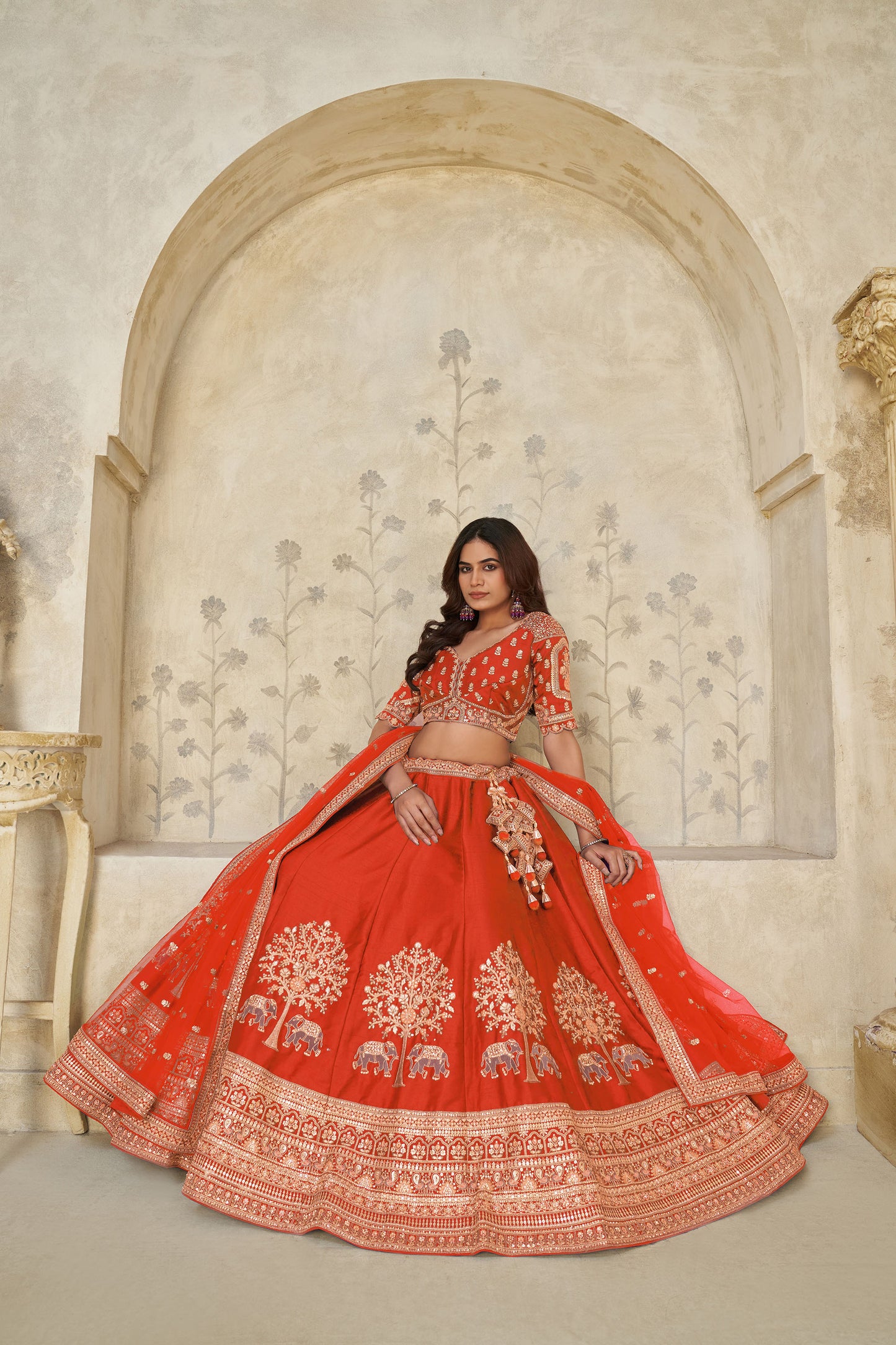 Rust Orange Silk Wedding Lehenga with Leaf Embroidery  & Peacock Motifs