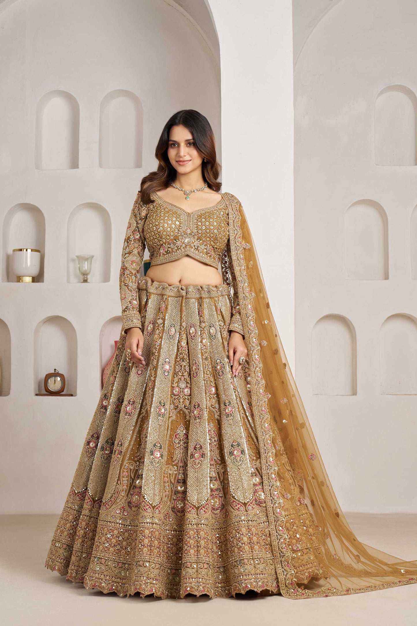 Royal Antique Gold Sequins & Resham Embroidery Net Bridal Lehenga Choli