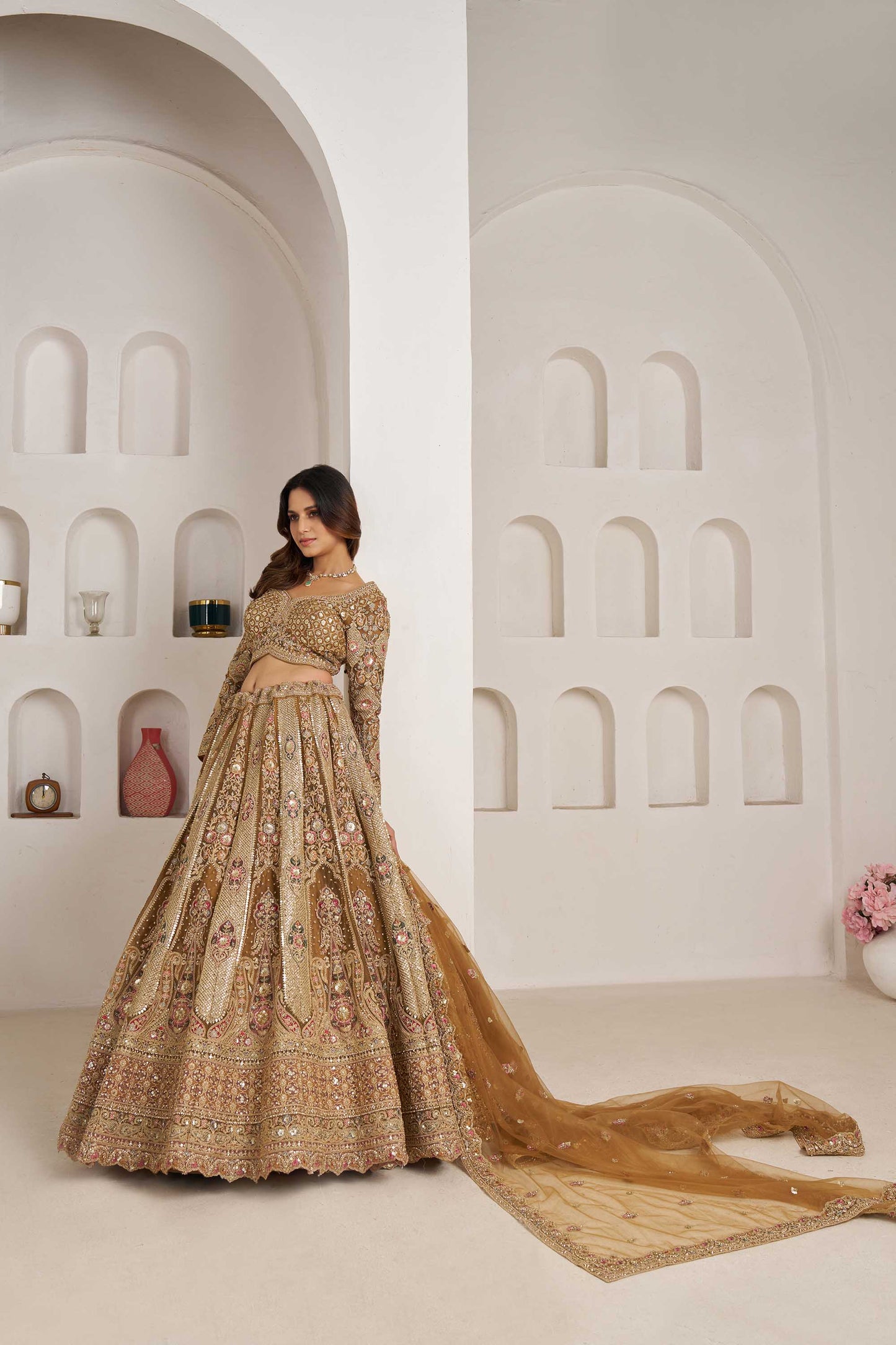 Royal Antique Gold Sequins & Resham Embroidery Net Bridal Lehenga Choli