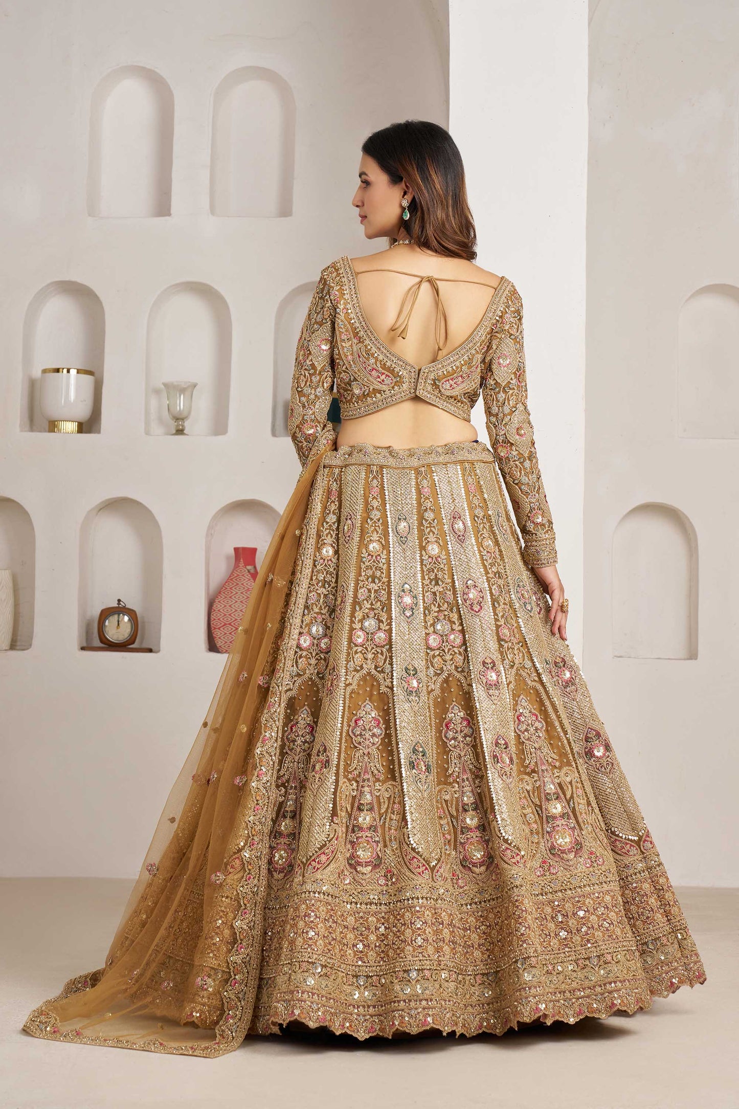 Royal Antique Gold Sequins & Resham Embroidery Net Bridal Lehenga Choli