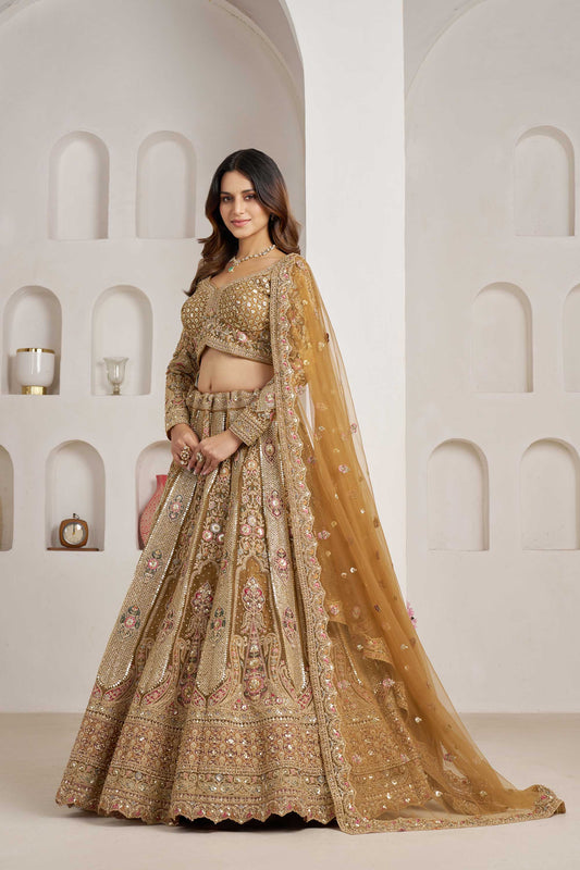 Royal Antique Gold Sequins & Resham Embroidery Net Bridal Lehenga Choli