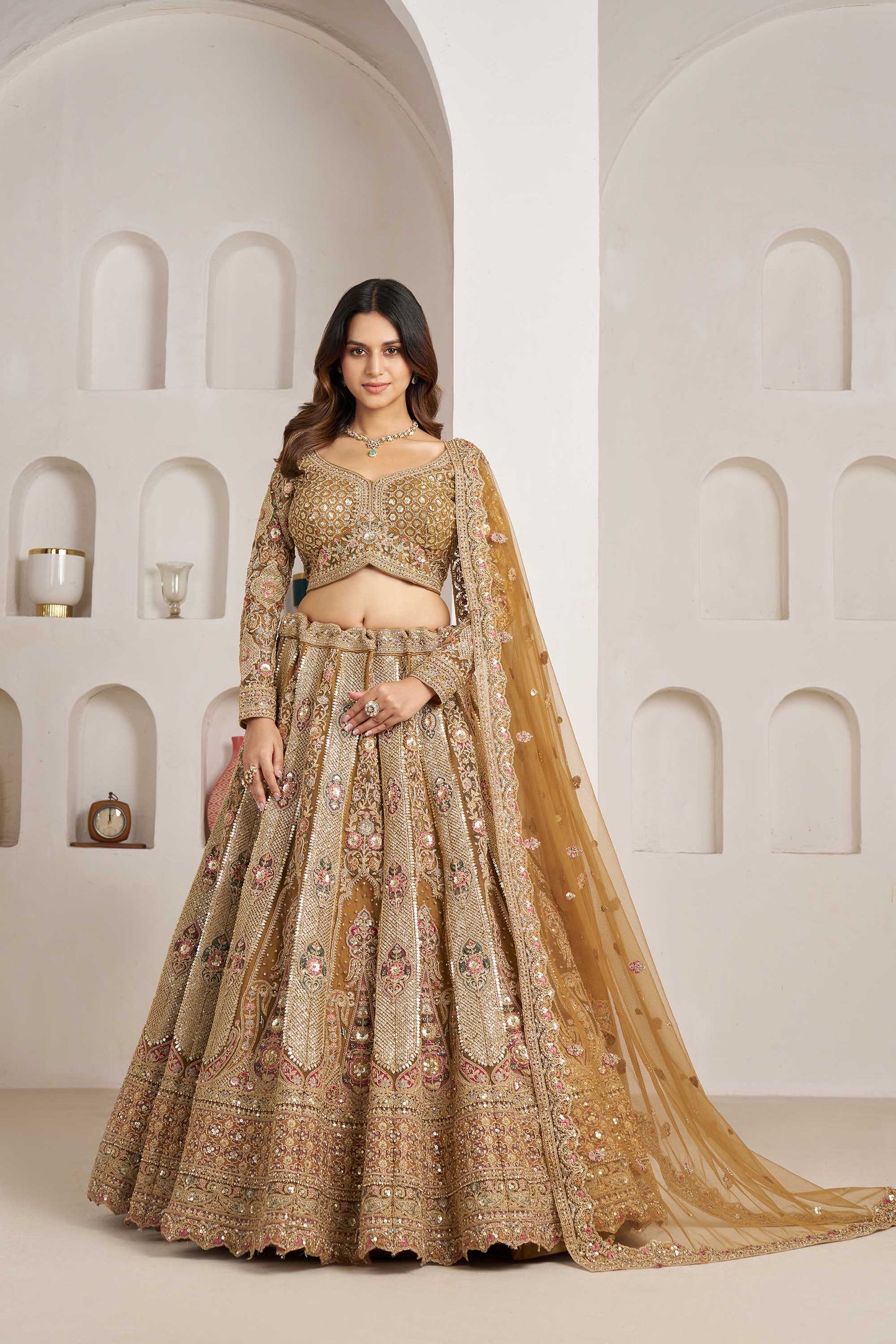 Royal Antique Gold Sequins & Resham Embroidery Net Bridal Lehenga Choli