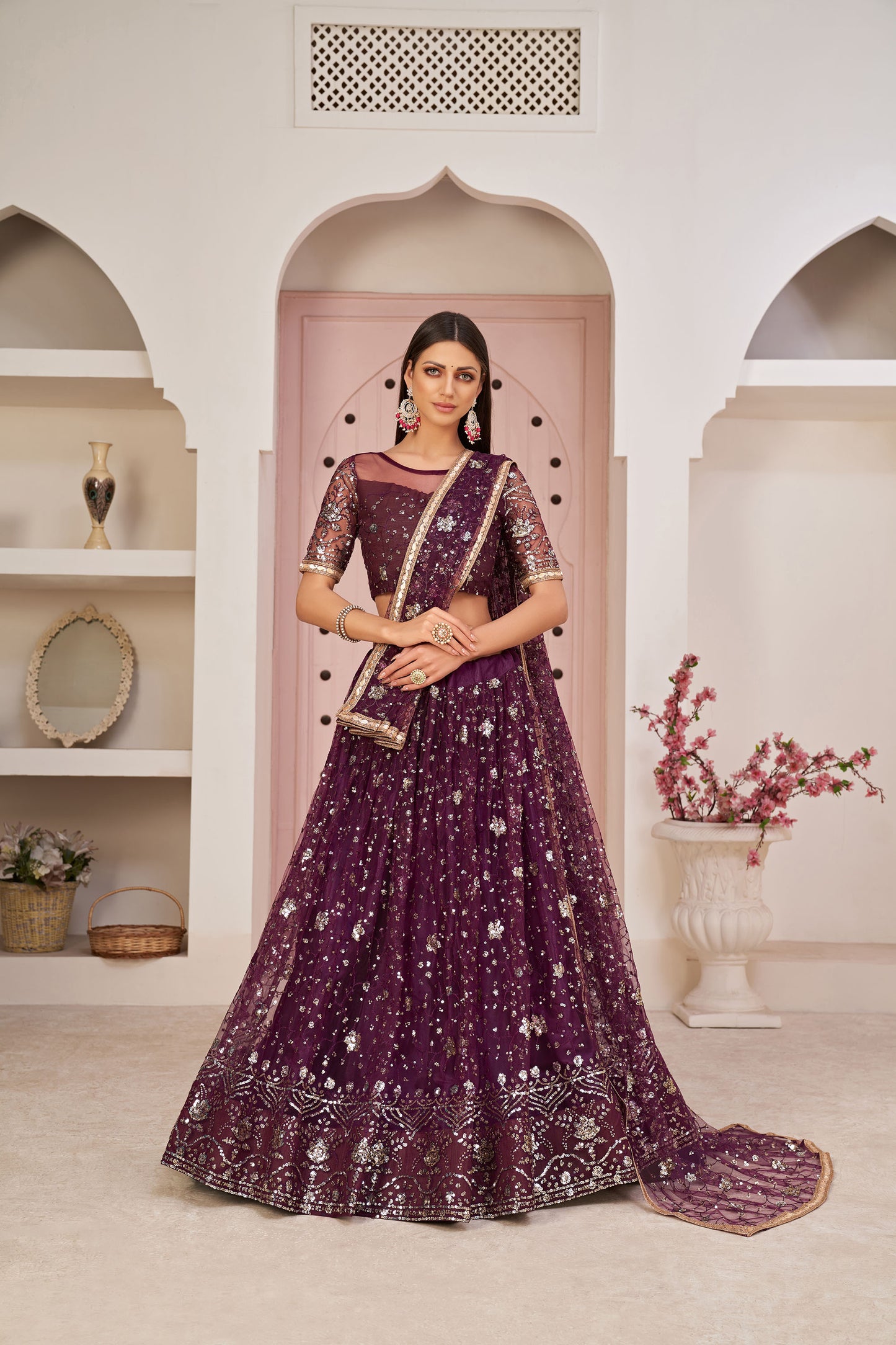Dark Purple Sequins Embroidered Net Reception Lehenga