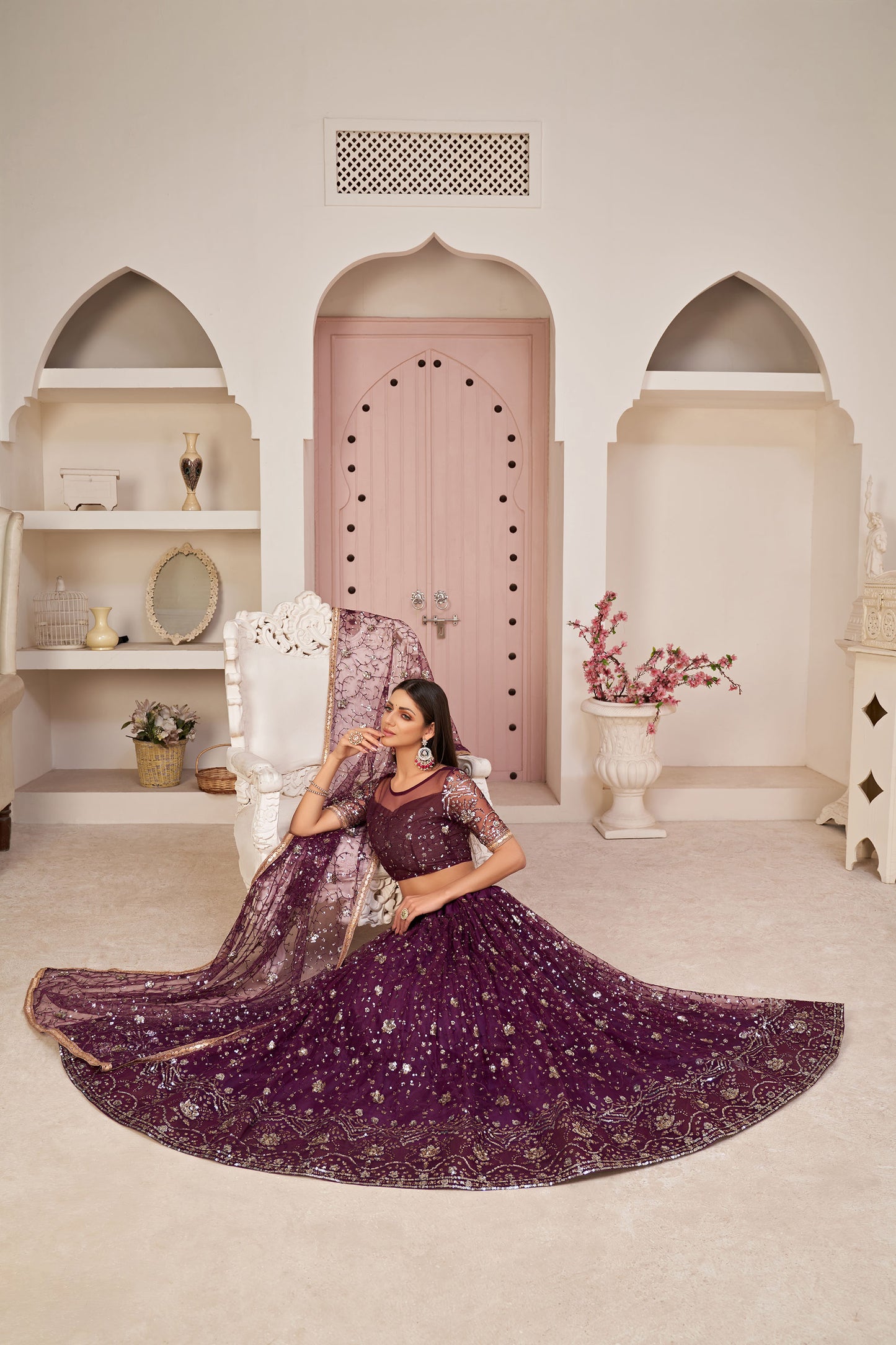 Dark Purple Sequins Embroidered Net Reception Lehenga