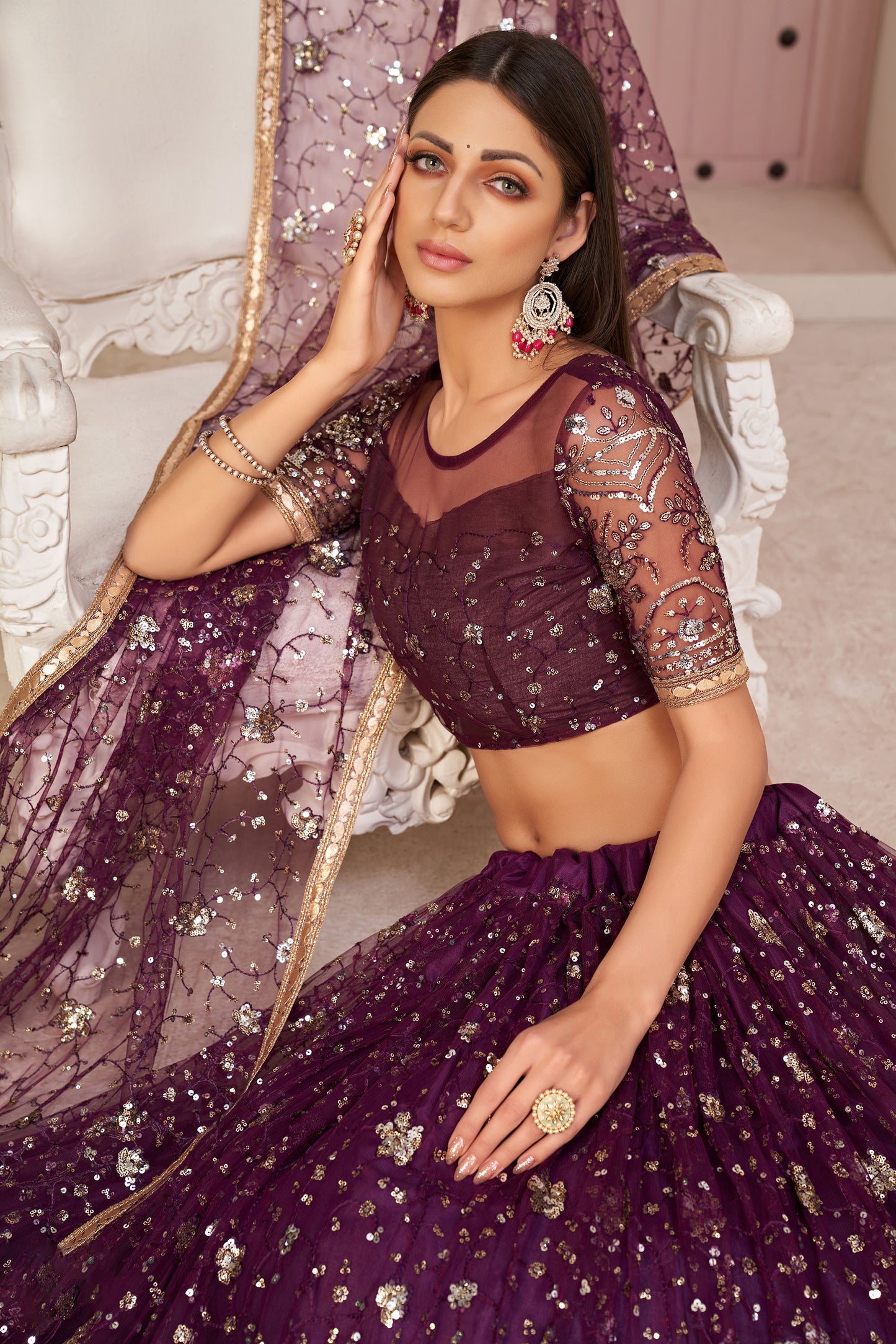 Dark Purple Sequins Embroidered Net Reception Lehenga