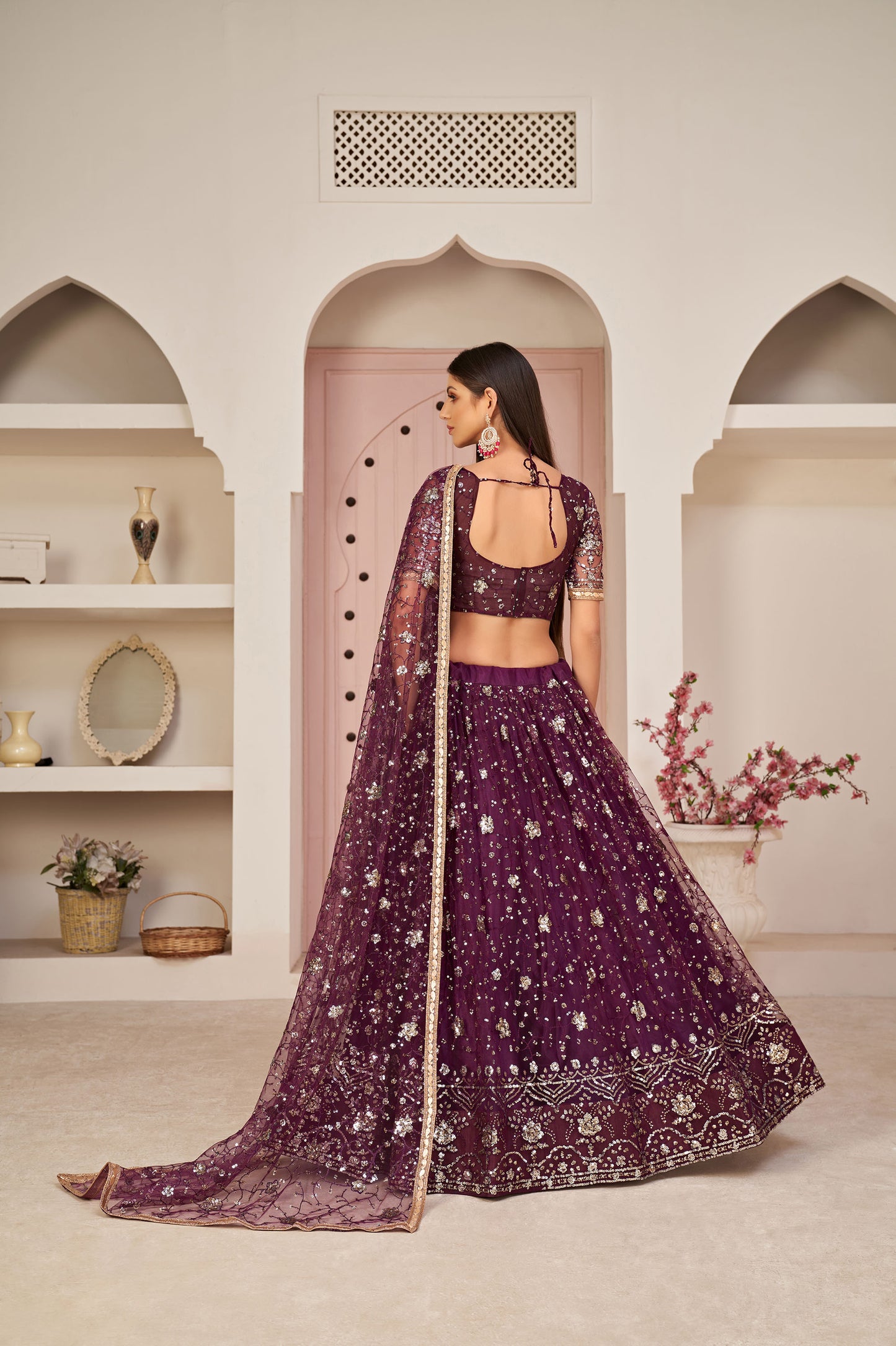 Dark Purple Sequins Embroidered Net Reception Lehenga