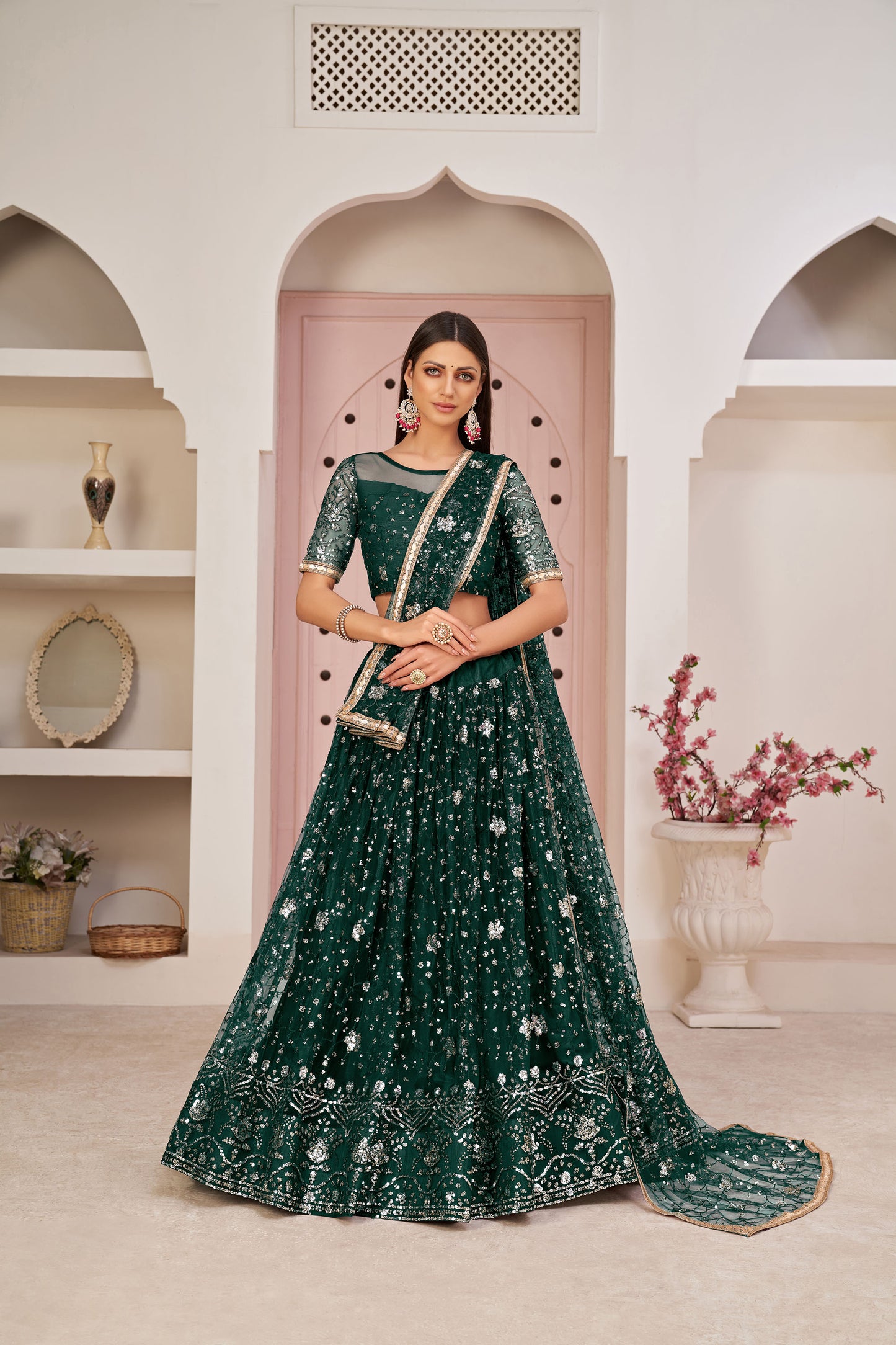 Dark Green Sequins Embroidered Net Mehendi Lehenga