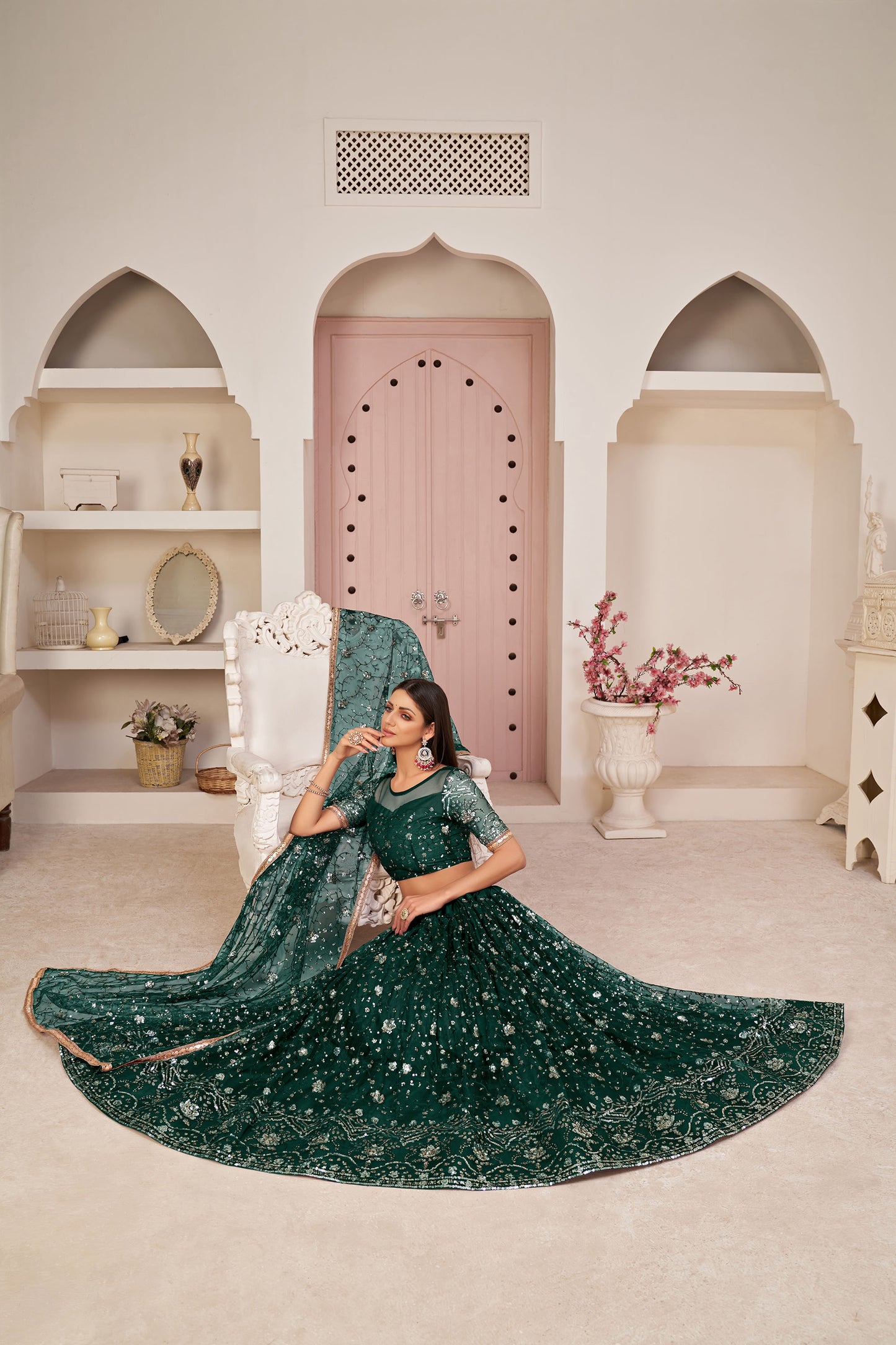 Dark Green Sequins Embroidered Net Mehendi Lehenga