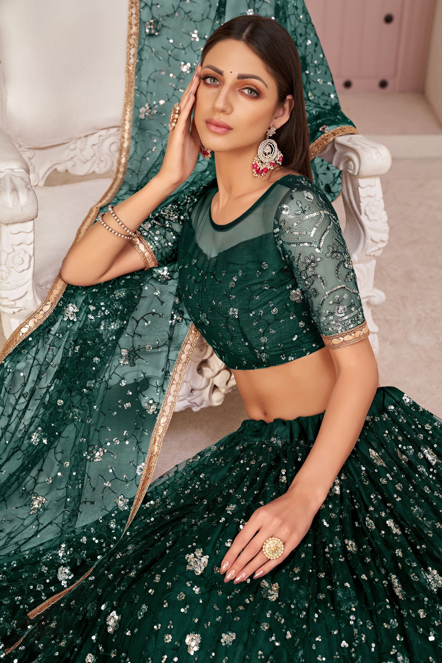 Dark Green Sequins Embroidered Net Mehendi Lehenga