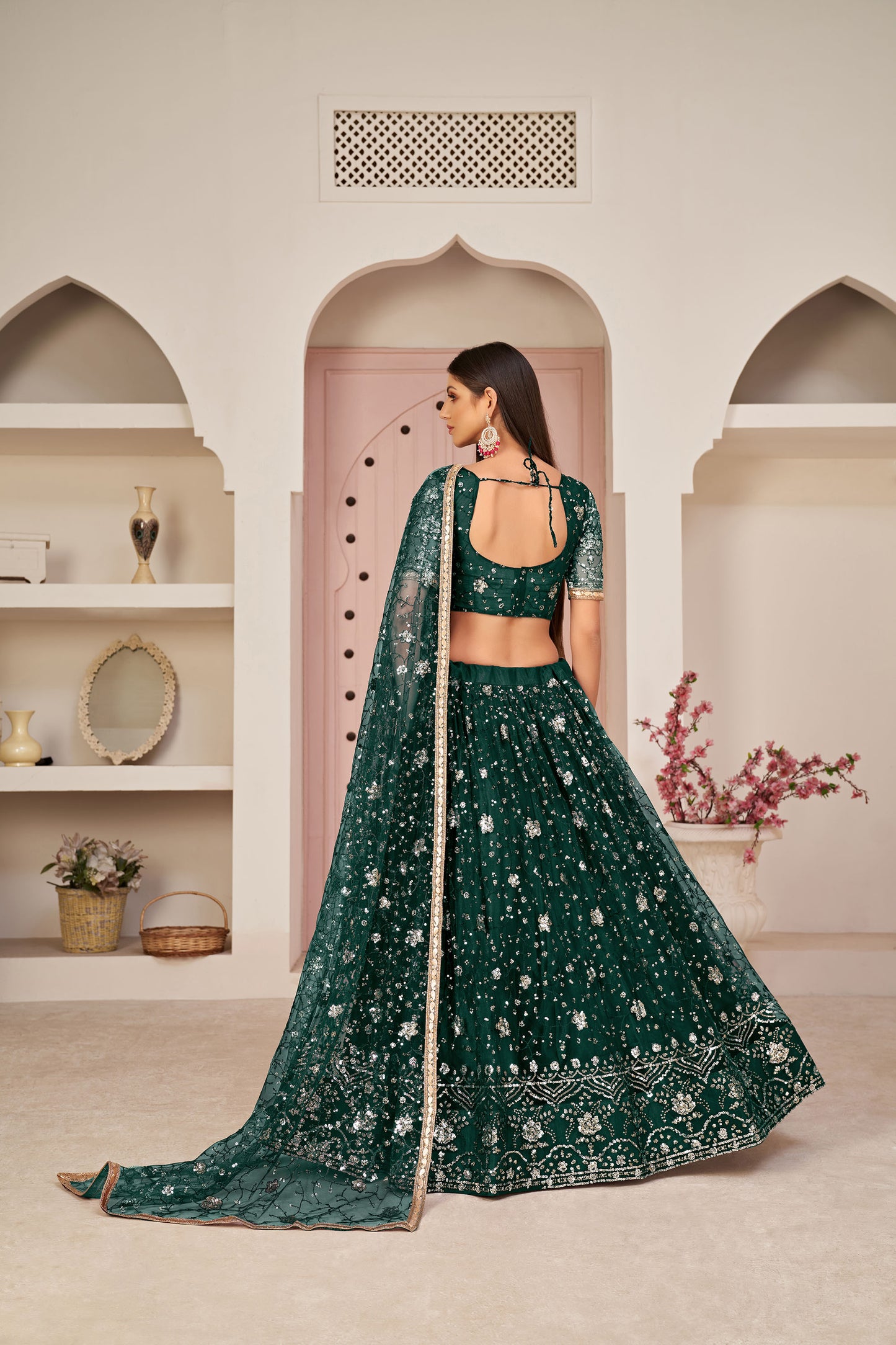 Dark Green Sequins Embroidered Net Mehendi Lehenga