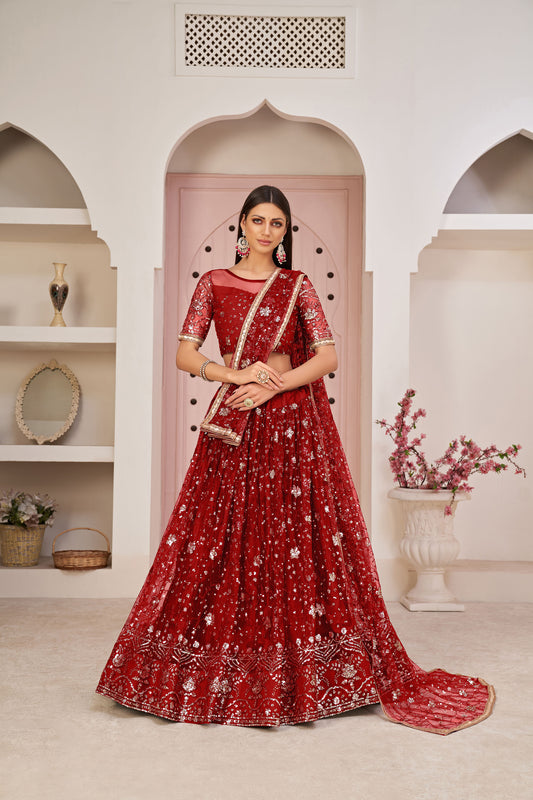 Dark Red Sequins Embroidered Net Wedding Lehenga