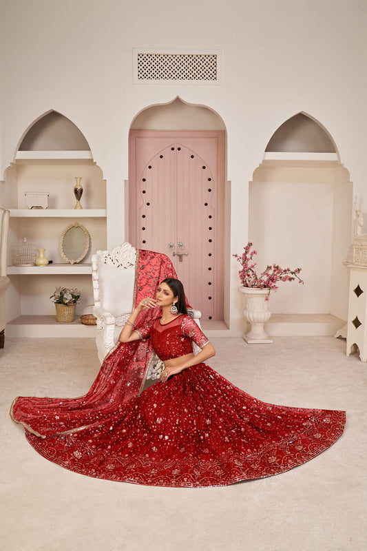Dark Red Sequins Embroidered Net Wedding Lehenga