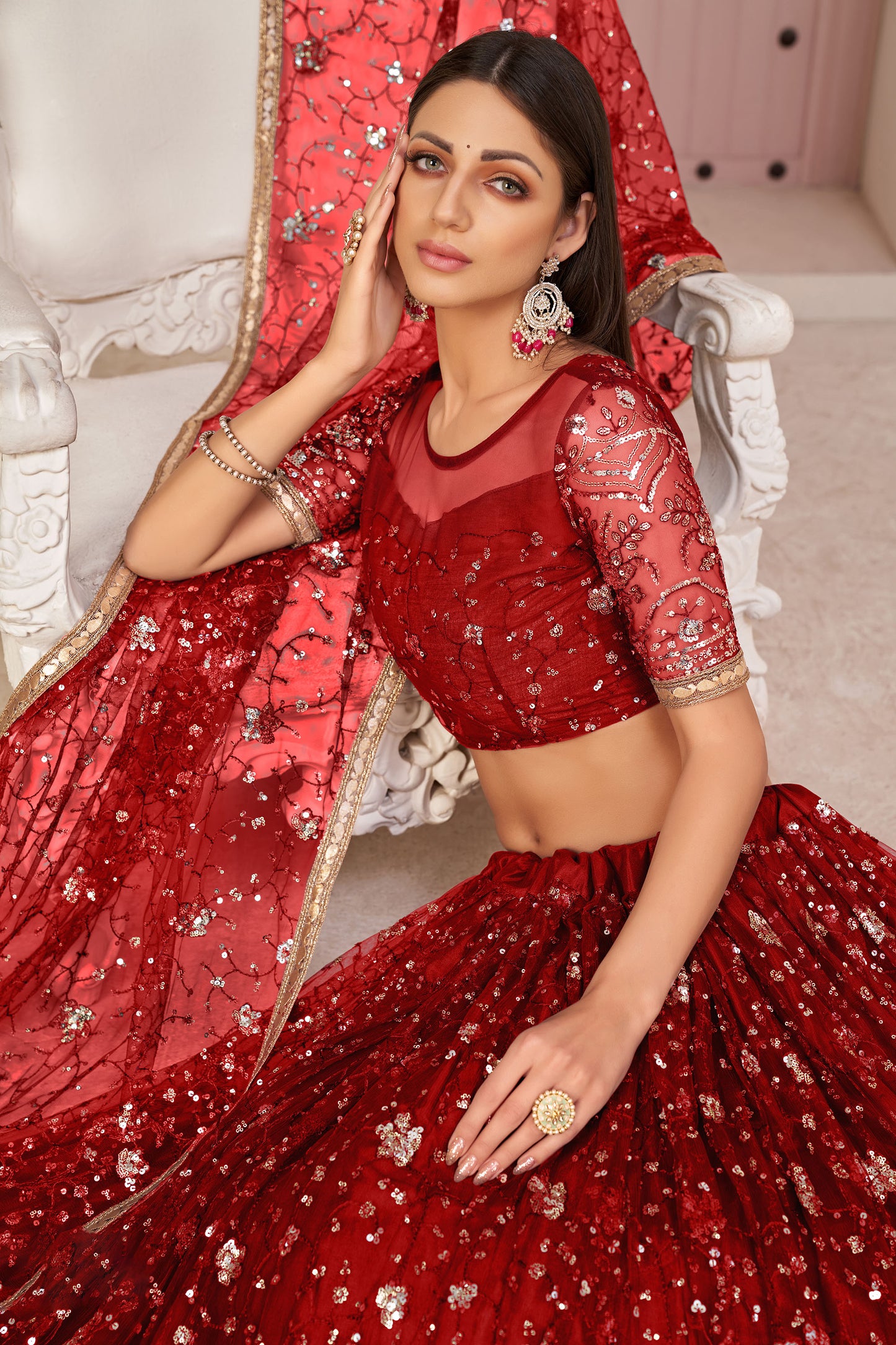 Dark Red Sequins Embroidered Net Wedding Lehenga