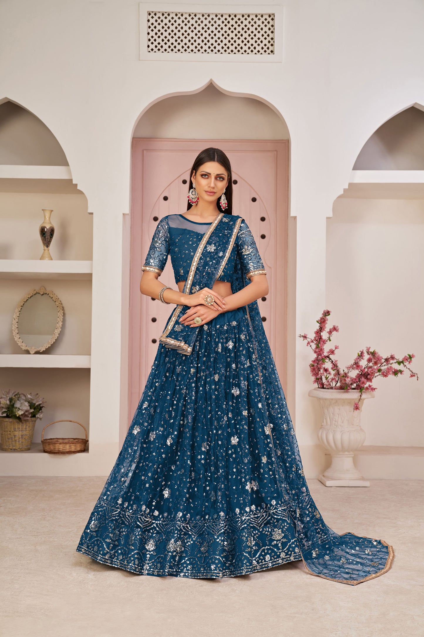 Dark Blue Sequins Embroidered Net Engagement Lehenga