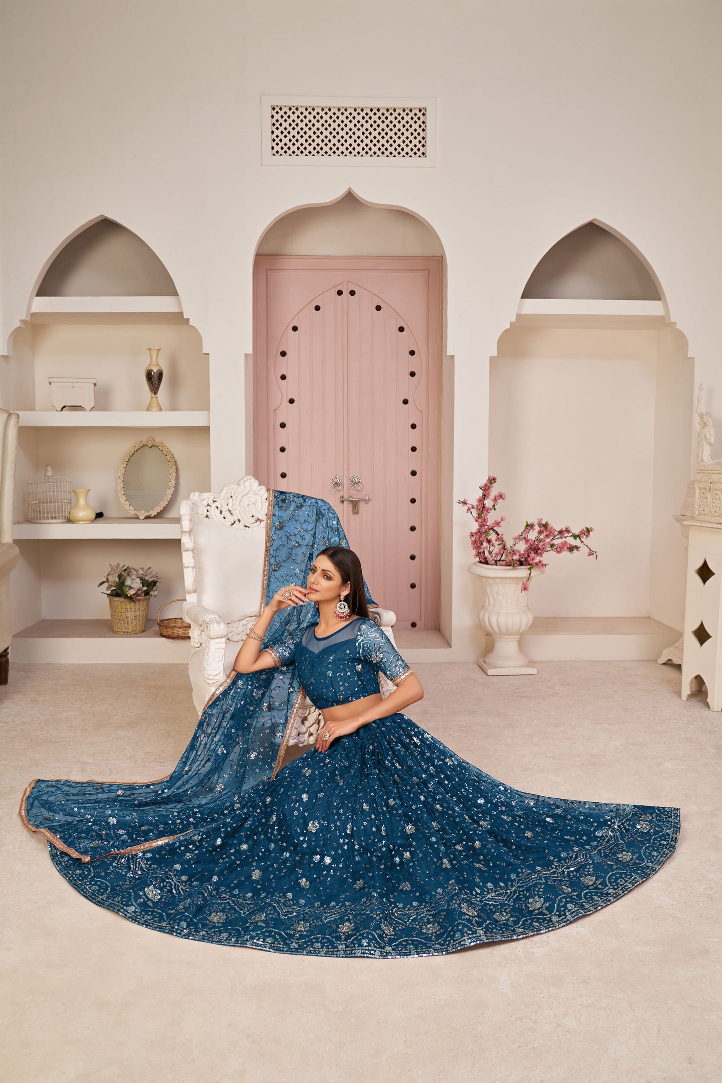 Dark Blue Sequins Embroidered Net Engagement Lehenga