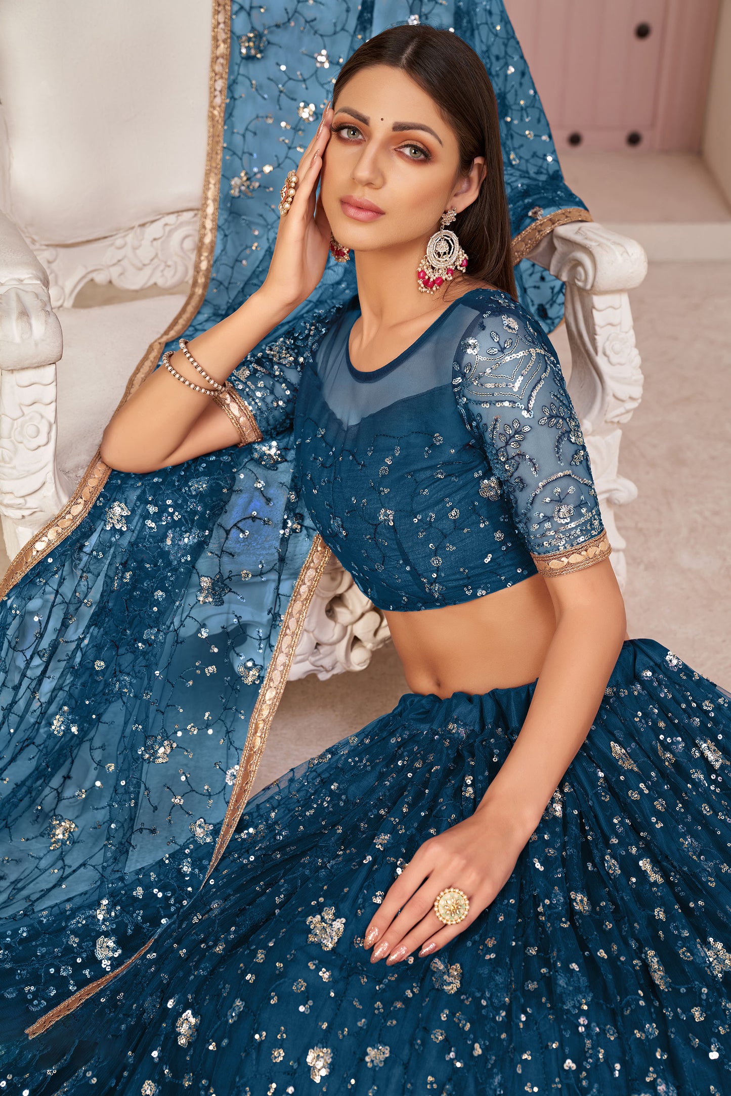 Dark Blue Sequins Embroidered Net Engagement Lehenga