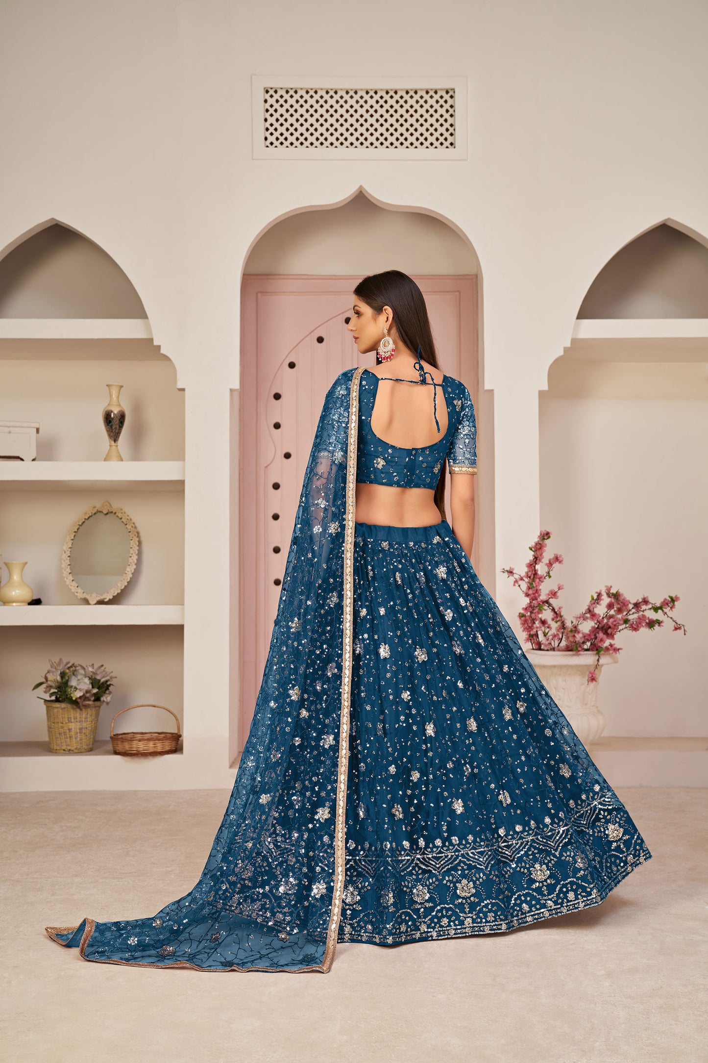 Dark Blue Sequins Embroidered Net Engagement Lehenga