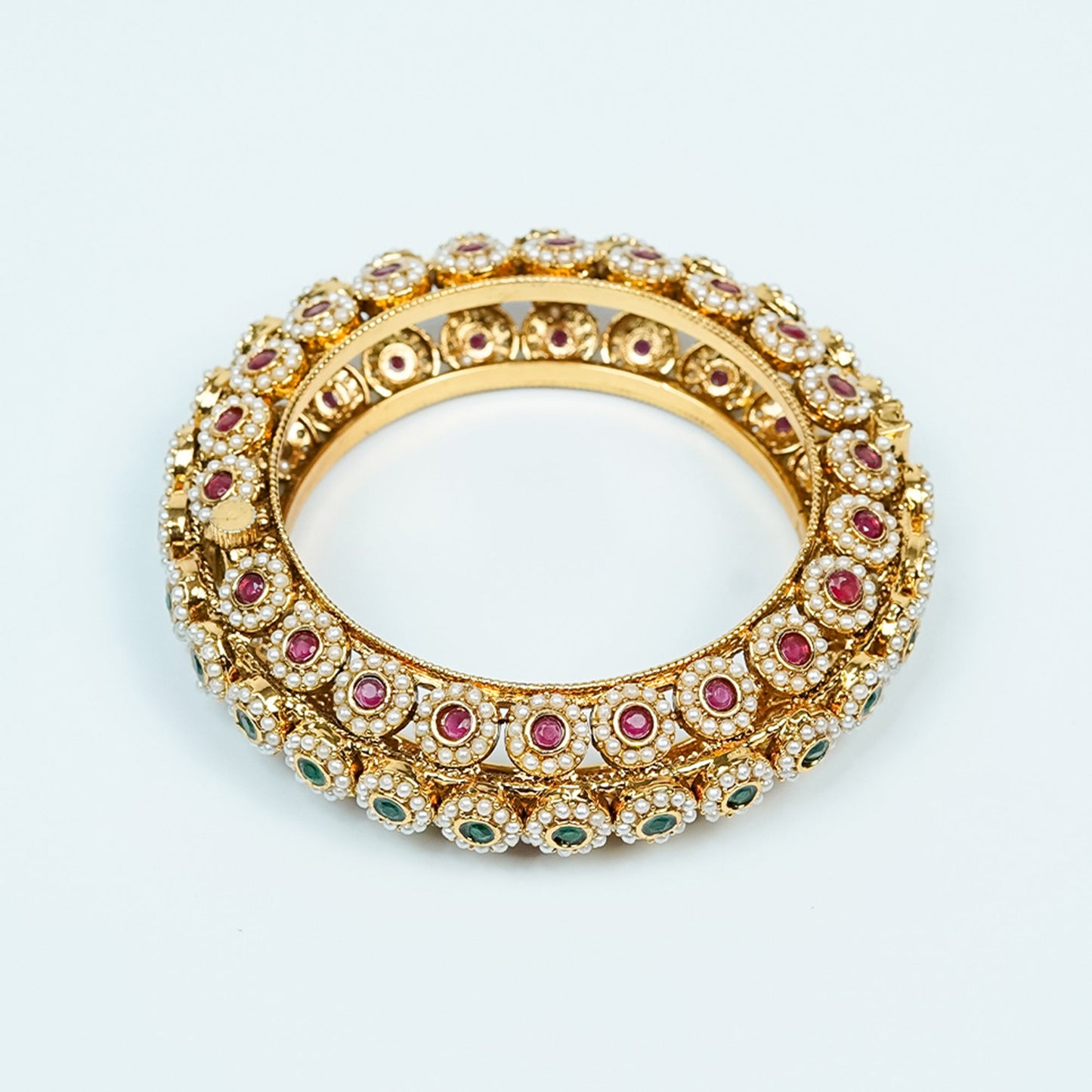 Zevar Club Gold Tone Ruby Red & Emerald Green Stone Studded Pearl Beaded Handcrafted Bracelet for Women