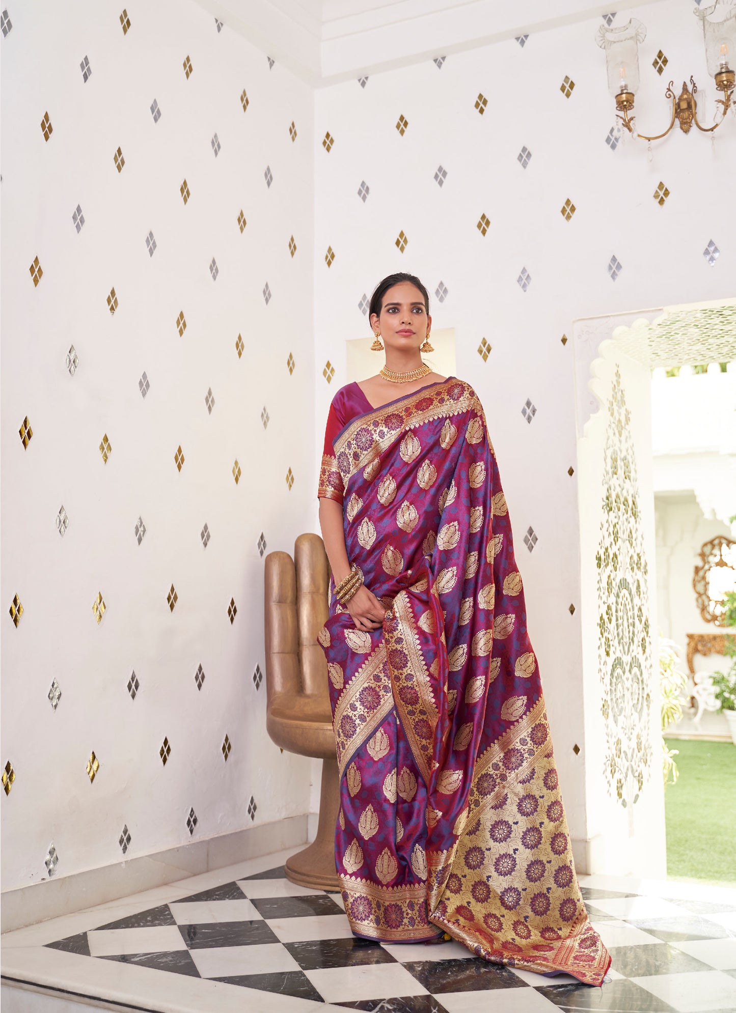 Purple Gold Karnavati Pure Satin Silk Saree