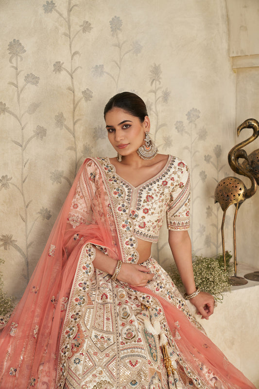 Cream Silk with Royal Motifs & Zari Embroidered Bridesmaid Lehenga