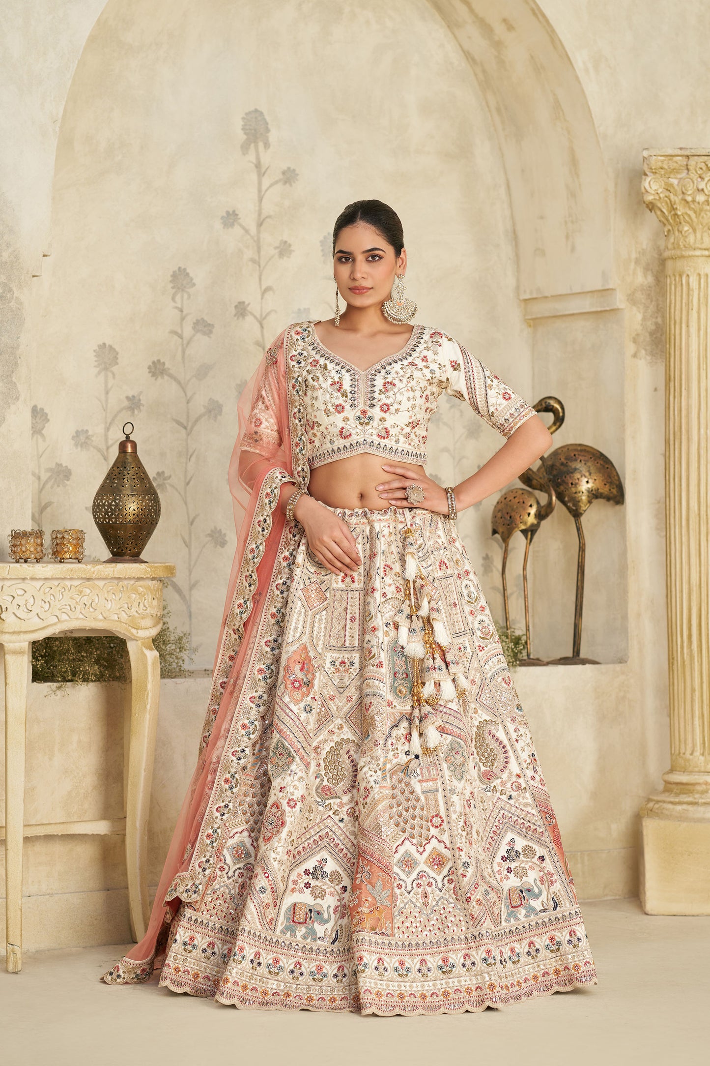 Cream Silk with Royal Motifs & Zari Embroidered Bridesmaid Lehenga