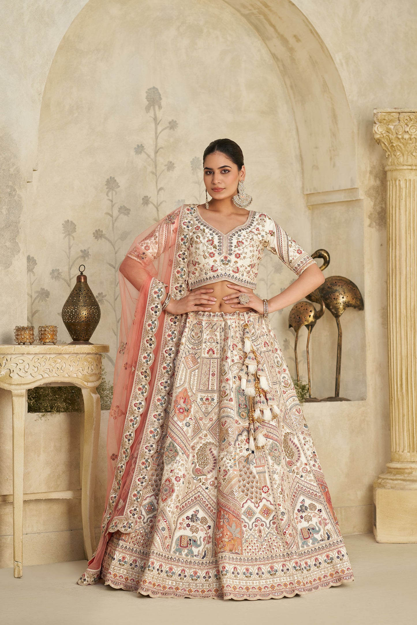 Cream Silk with Royal Motifs & Zari Embroidered Bridesmaid Lehenga