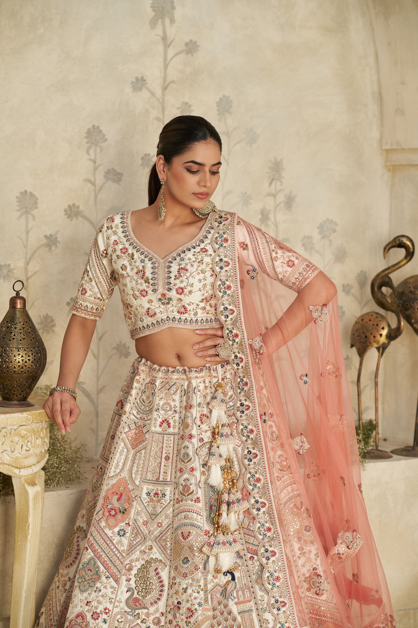 Cream Silk with Royal Motifs & Zari Embroidered Bridesmaid Lehenga