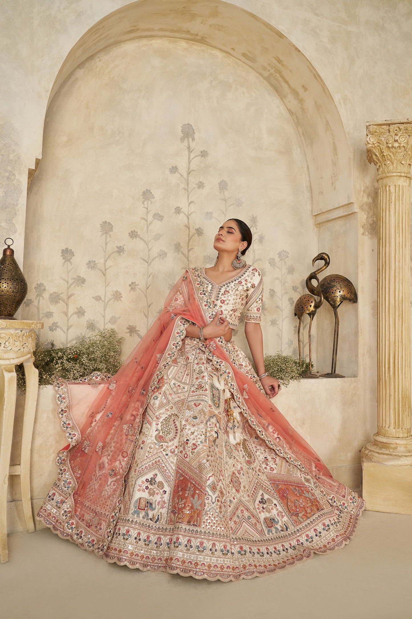 Cream Silk with Royal Motifs & Zari Embroidered Bridesmaid Lehenga