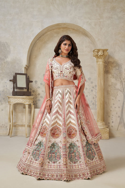 Cream & Peach Silk Paisley Motifs & White Dori Work Reception Lehenga