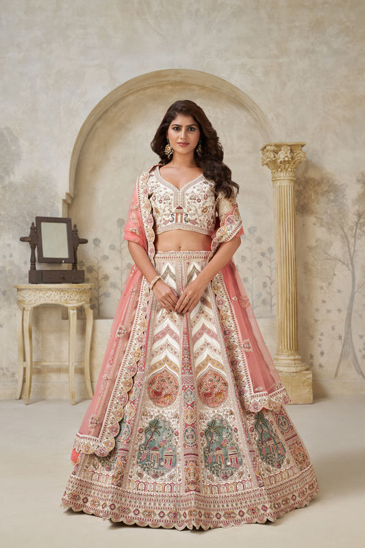 Cream & Peach Silk Paisley Motifs & White Dori Work Reception Lehenga
