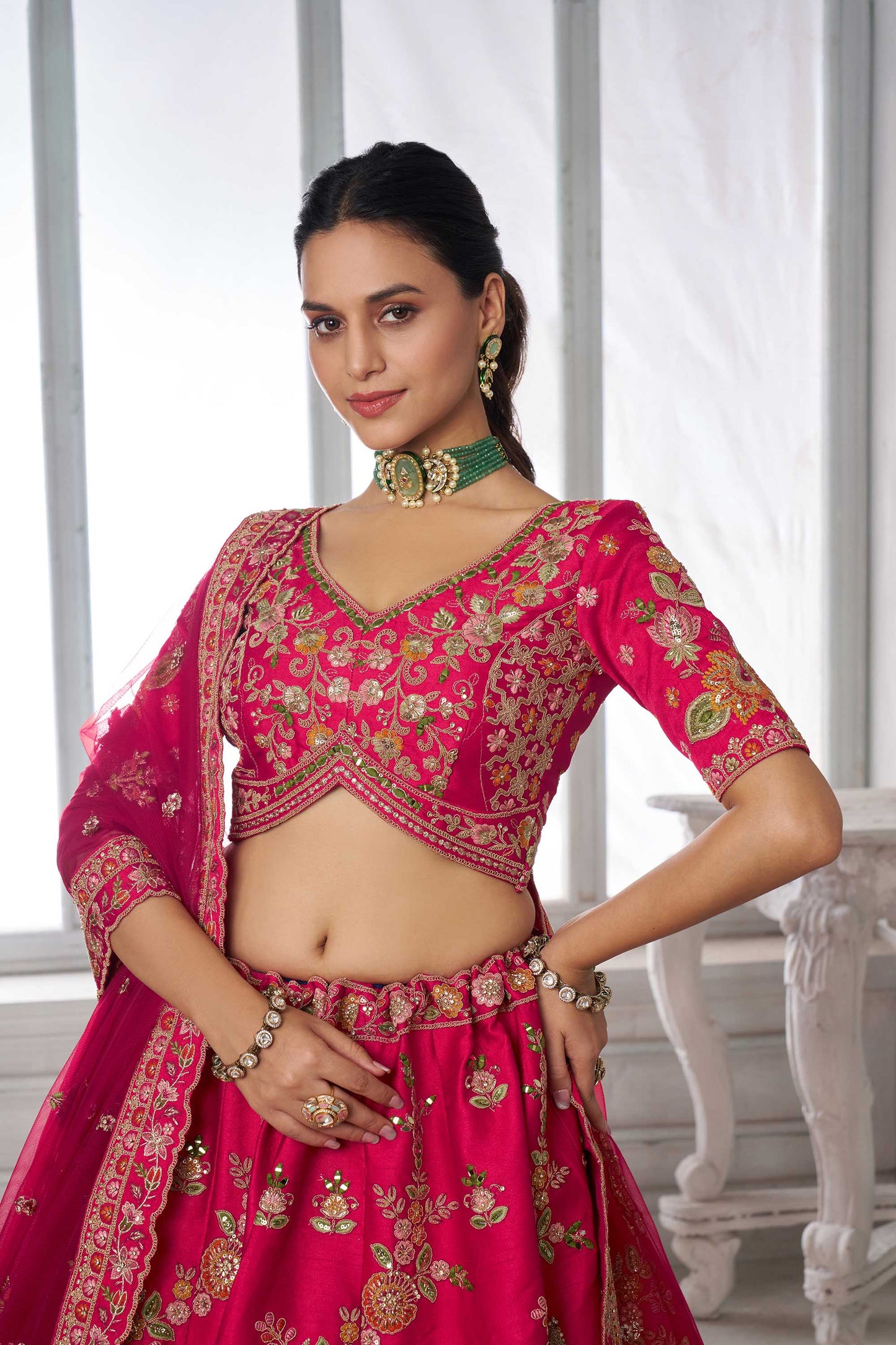 Rani Pink Jacquard Patch Work & Zari Embroidered Silk Bridal Lehenga