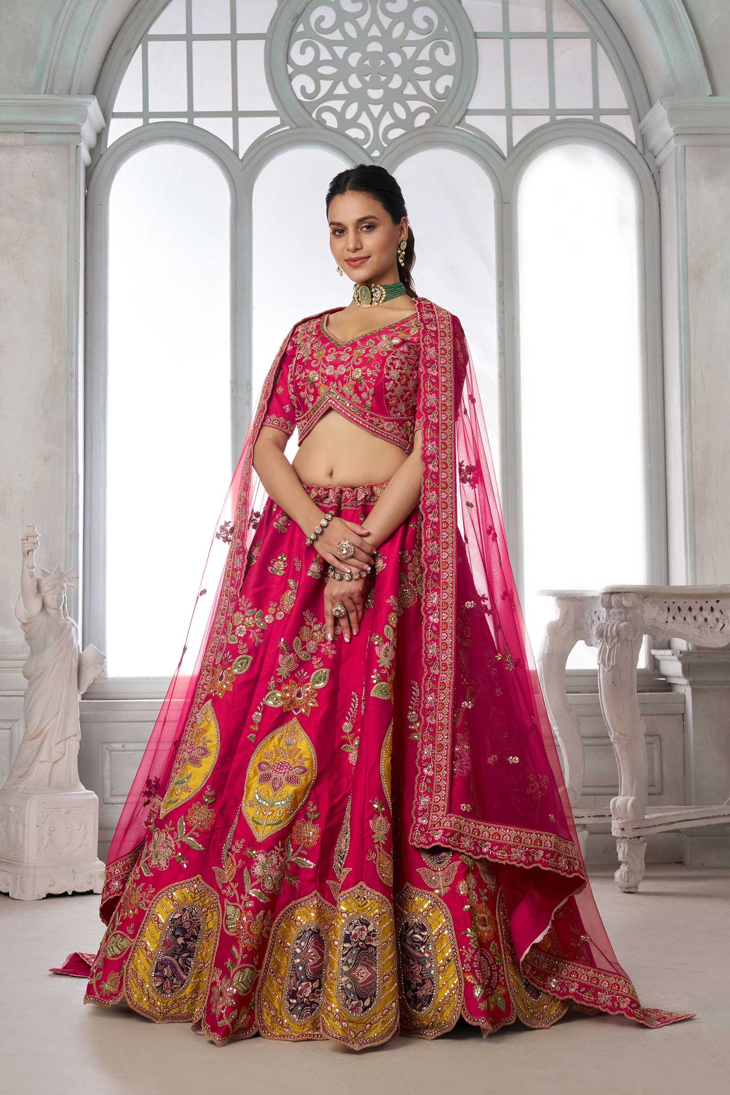 Rani Pink Jacquard Patch Work & Zari Embroidered Silk Bridal Lehenga
