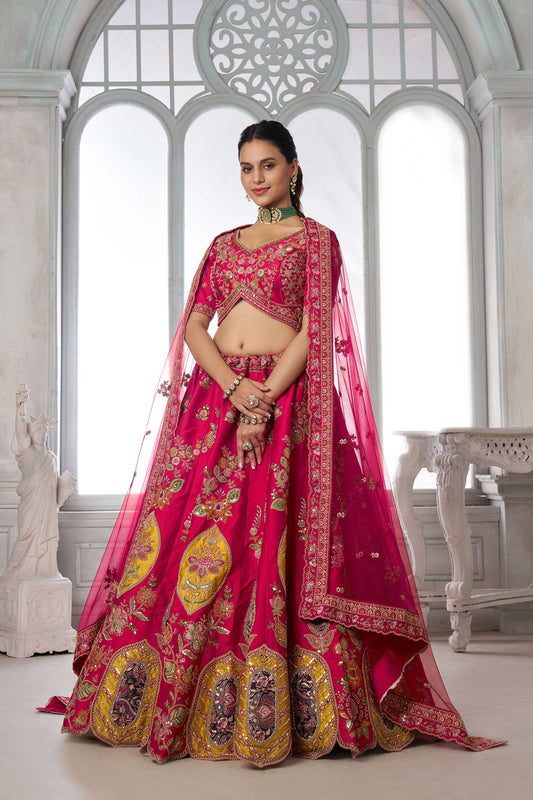 Rani Pink Jacquard Patch Work & Zari Embroidered Silk Bridal Lehenga
