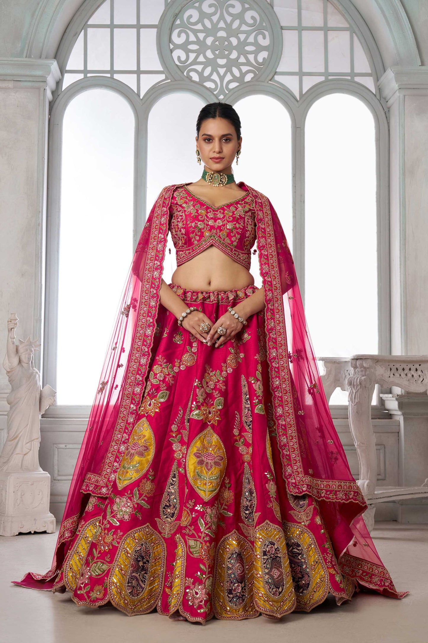 Rani Pink Jacquard Patch Work & Zari Embroidered Silk Bridal Lehenga